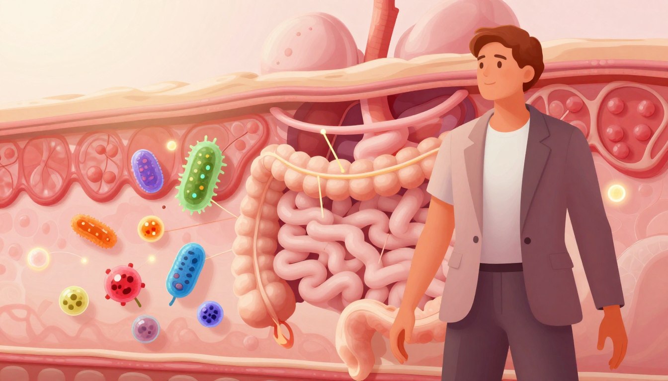 A conceptual illustration of the gut-skin axis, showcasing a vibrant human silhouette in the foreground, symbolizing health and vitality. The figure is wearing modest, professional attire, standing confidently against an abstract background that blends elements of the digestive system and skin layers. In the middle ground, a diagrammatic representation highlights the connection between the gut microbiome and skin health, featuring colorful gut bacteria alongside glowing skin cells. Soft, natural lighting illuminates the scene, creating a warm and inviting atmosphere. The angle is slightly elevated to capture the depth of the illustration and emphasize the relationship between the internal and external aspects of health, evoking a sense of harmony and balance.