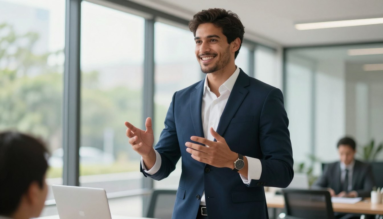 A confident male figure in a business setting, exuding vitality and strength. He stands tall with an athletic build, dressed in a tailored navy suit and a crisp white shirt, sleeves rolled up slightly to convey a blend of professionalism and approachability. The foreground features him engaged in an animated discussion, gesturing expressively, with a warm smile suggesting optimism and energy. In the middle ground, a modern office with glass windows showcases a sunny day, bright natural light illuminating the scene, emphasizing clarity and focus. The background includes hints of greenery, symbolizing vitality and wellness, creating an atmosphere of growth and motivation. The lens captures the scene with a slight depth of field, ensuring the man remains the focal point. Overall, the mood is inspiring and positive, resonating with themes of health and empowerment.