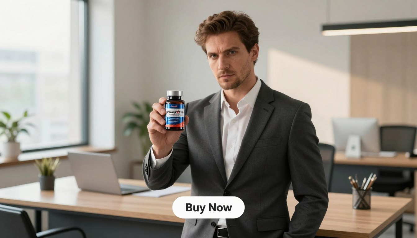 A confident man in a modern, well-lit office setting, dressed in a tailored suit, is holding a sleek bottle labeled "PowerX Pro – Male Enhancement Supplements." The foreground features the man with a determined expression, showcasing strength and vitality. In the middle ground, a polished desk with minimalistic decor underscores a professional atmosphere, while in the background, large windows let in warm natural light, enhancing the overall brightness of the scene. A "Buy Now" button appears subtly below the product, inviting engagement. The mood is empowering and motivating, reflecting themes of performance, power, and confidence. The scene should evoke a sense of professionalism and wellness, capturing the essence of the product effectively.