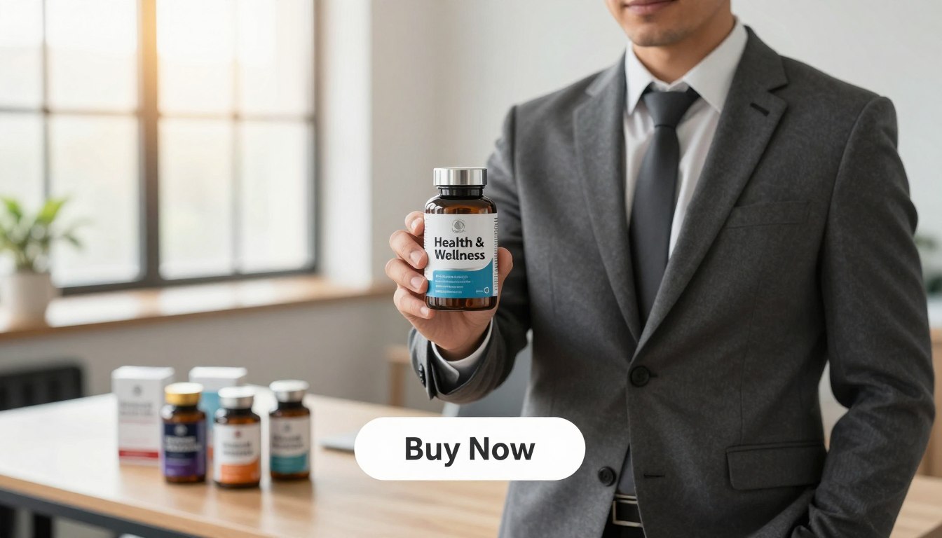 A confident man in a stylish business suit stands in the foreground, showcasing a sleek, modern bottle labeled "Health & Wellness" in one hand, emphasizing the male performance supplement's benefits. In the middle ground, a soft-focus table displays additional health-related products, creating an inviting and professional atmosphere. The background features a well-lit office environment with warm natural light streaming through large windows, adding a sense of vitality and energy. Capture the scene from a slightly elevated angle to highlight the product and the man's confident pose, invoking a spirit of empowerment and success. The mood is uplifting and motivating, encouraging viewers to embrace their health enhancement journey. A prominent "Buy Now" button is subtly integrated below the product for engagement.