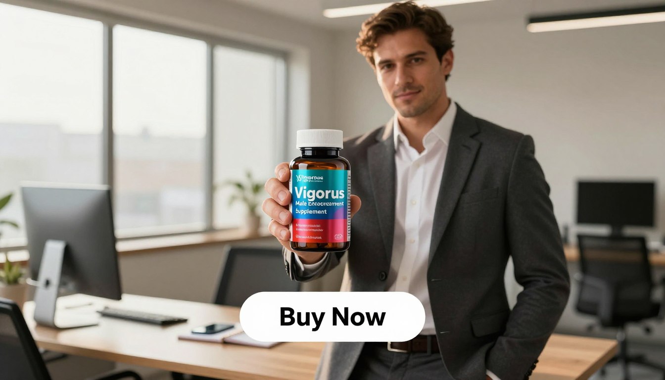 A confident man in his thirties, dressed in a tailored, professional outfit, stands in a modern office environment, holding a sleek bottle of "Vigorus Male Enhancement Supplement." The product design features a bold label with the brand name "Health & Wellness." The foreground highlights the clear, sophisticated bottle with vibrant colors that suggest energy and vitality. In the middle ground, a tasteful desk setup with a smartphone and a notepad illustrates a productive atmosphere. The background shows large windows letting in warm, natural light, creating an inviting ambience. The image conveys a sense of determination, vigor, and health-focused lifestyle. A prominent "Buy Now" button appears below the product, designed to catch the viewer's attention while maintaining a clean and professional aesthetic.