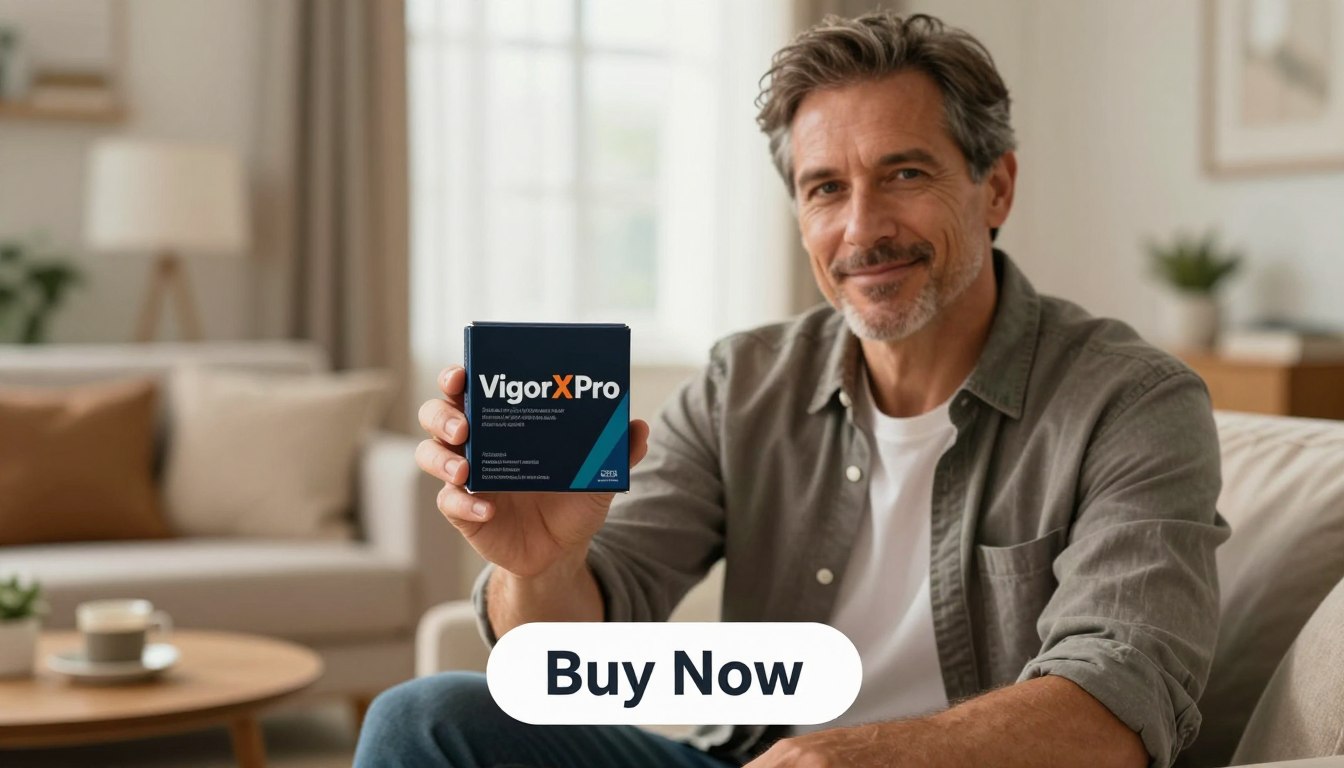 A confident, middle-aged man dressed in a smart casual outfit holds a sleek box of "VigorX Pro" in his hands, showcasing the product prominently in the foreground. His expression exudes vitality and assurance, emphasizing the benefits of the supplement. In the middle ground, a softly blurred backdrop of a warm, inviting living room adds a sense of comfort and home. Natural light streams in through a window, illuminating the scene and enhancing the warm color palette. At the bottom of the image, a clear, modern "Buy Now" button integrates smoothly into the design. The overall mood is focused and rejuvenating, conveying a sense of well-being and a proactive approach to men's sexual health. A confident, middle-aged man dressed in a smart casual outfit holds a sleek box of "VigorX Pro" in his hands, showcasing the product prominently in the foreground. His expression exudes vitality and assurance, emphasizing the benefits of the supplement. In the middle ground, a softly blurred backdrop of a warm, inviting living room adds a sense of comfort and home. Natural light streams in through a window, illuminating the scene and enhancing the warm color palette. At the bottom of the image, a clear, modern "Buy Now" button integrates smoothly into the design. The overall mood is focused and rejuvenating, conveying a sense of well-being and a proactive approach to men's sexual health.