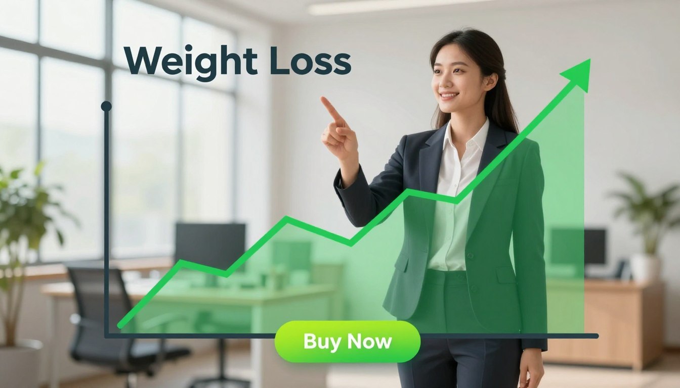 A detailed and vibrant illustration of a natural weight loss solutions demand graph. In the foreground, a sleek line graph with upward trends displayed in green, representing increasing interest over time. In the middle, a professional woman in business attire stands confidently beside the graph, pointing at the rising line with a smile, symbolizing success and vitality. The background consists of a tranquil office setting with soft, natural lighting filtering through large windows, enhancing the health-conscious atmosphere. The scene evokes motivation and optimism. Underneath the graph, a subtle "Buy Now" button in a bright color stands out, while the brand name "Weight Loss" is elegantly incorporated into the design. The image is clean, modern, and free of any text overlays or distractions, perfectly illustrating the section's theme.