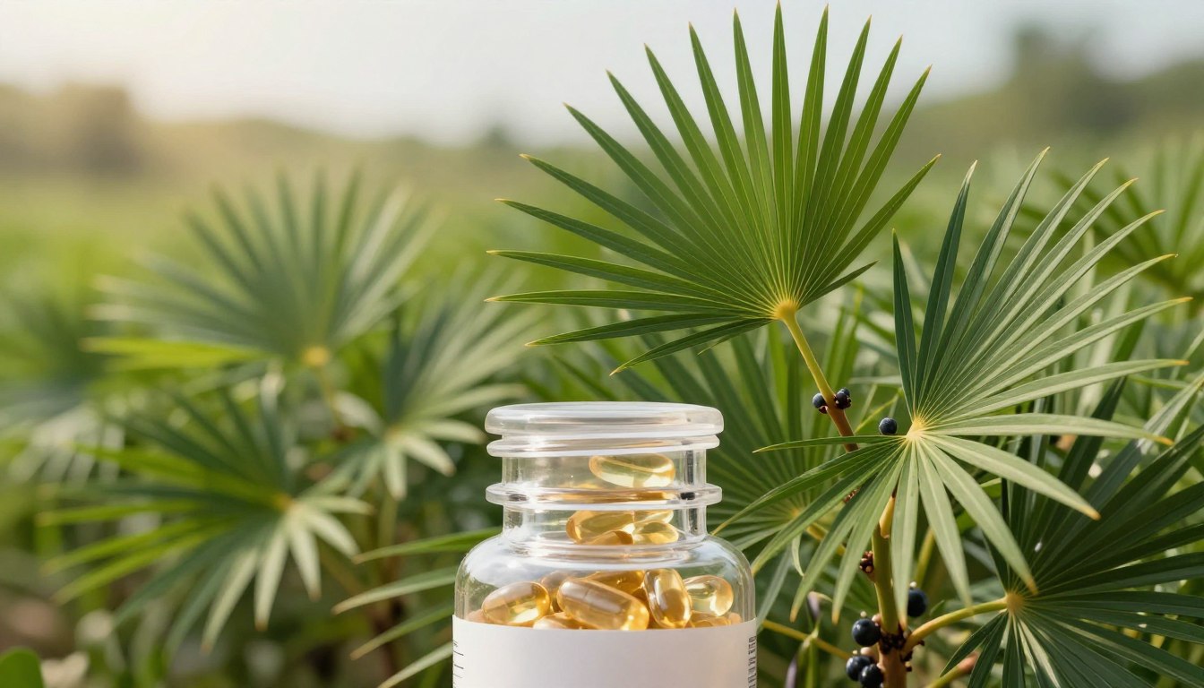 A detailed, close-up view of saw palmetto berries on a lush green background. In the foreground, showcase a transparent supplement bottle featuring saw palmetto extract capsules, illuminated softly by warm, natural light, highlighting the glossy texture of the capsules. The middle ground features vibrant, healthy saw palmetto plants, their fan-like leaves unfurling elegantly, symbolizing vitality. In the background, a softly blurred natural landscape suggests a serene and calming atmosphere, enhancing the connection to health and well-being. The image should evoke a sense of trust, showcasing the importance of natural ingredients for prostate health while maintaining a clean and professional aesthetic, suitable for a health-focused article. Use a shallow depth of field to emphasize the main subjects.