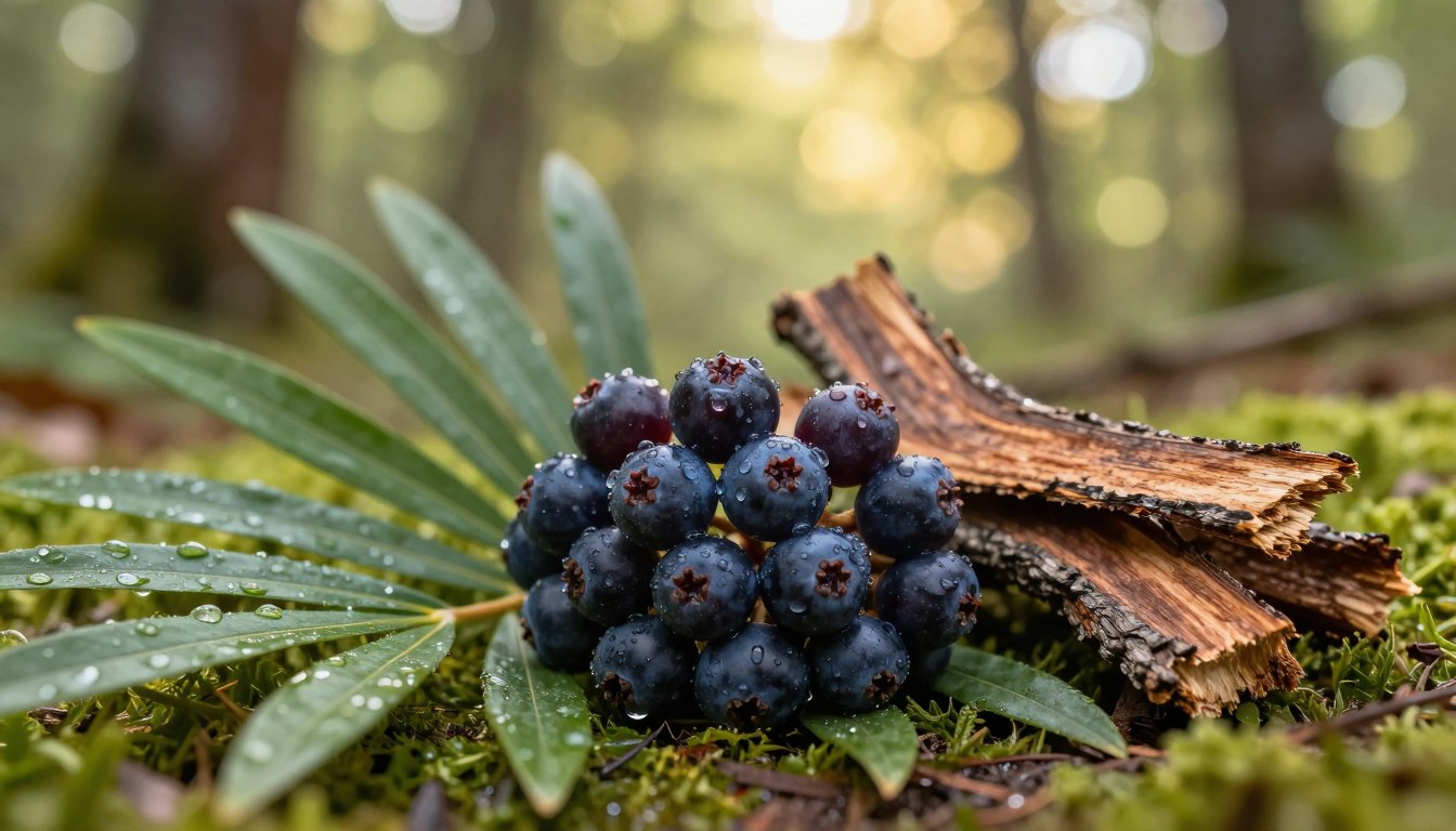 A detailed composition depicting the key ingredients of ProstAfense, focusing on saw palmetto berries and pygeum bark in a natural environment. In the foreground, showcase a vibrant cluster of ripe saw palmetto berries, glistening with dew drops, surrounded by lush green leaves. Beside it, a piece of pygeum bark should be placed artistically, highlighting its rich texture. The middle ground can feature a softly blurred background of a serene forest, with dappled sunlight filtering through the trees, creating a warm and inviting atmosphere. Use a shallow depth of field to draw attention to the ingredients and enhance their vivid colors. The lighting should be soft and natural, evoking a sense of health and well-being. The overall mood should be calm and organic, embodying the essence of natural health supplements.