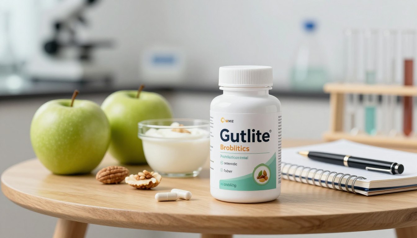 A detailed depiction of the GutLite supplement in a clean, modern setting. In the foreground, showcase a sleek, white bottle of GutLite with a glossy label highlighting key ingredients like probiotics and fiber. In the middle, arrange a small wooden table with green apples, nuts, and yogurt, symbolizing gut-friendly foods, alongside a notebook and a pen, indicating research and formulation. In the background, include softly blurred laboratory equipment and test tubes to suggest a scientific environment. Bright, natural lighting floods the scene, giving a fresh and inviting atmosphere. A shallow depth of field focuses on the supplement while softly blurring the background elements, creating a professional and informative mood.