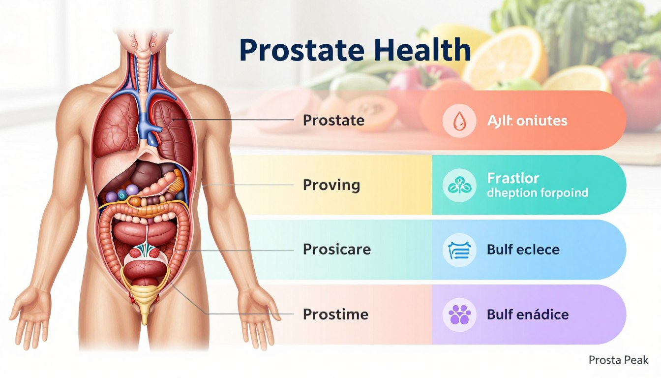 A detailed diagram illustrating prostate and urinary health, designed for educational purposes. In the foreground, anatomically accurate illustrations of the male reproductive and urinary systems, including the prostate, bladder, urethra, and surrounding organs, labeled clearly for clarity. In the middle ground, a soft gradient highlighting the key aspects of prostate health, with distinct colored sections to represent different functions. The background features a subtle, abstract representation of healthy lifestyle elements like fruits and vegetables, adding a touch of vitality. Soft, natural lighting illuminates the diagram, creating a professional and informative atmosphere. The brand name "Prosta Peak" should be included in a tasteful manner within the design. Avoid any text overlays, captions, or elements that detract from the main visual focus. A detailed diagram illustrating prostate and urinary health, designed for educational purposes. In the foreground, anatomically accurate illustrations of the male reproductive and urinary systems, including the prostate, bladder, urethra, and surrounding organs, labeled clearly for clarity. In the middle ground, a soft gradient highlighting the key aspects of prostate health, with distinct colored sections to represent different functions. The background features a subtle, abstract representation of healthy lifestyle elements like fruits and vegetables, adding a touch of vitality. Soft, natural lighting illuminates the diagram, creating a professional and informative atmosphere. The brand name "Prosta Peak" should be included in a tasteful manner within the design. Avoid any text overlays, captions, or elements that detract from the main visual focus.