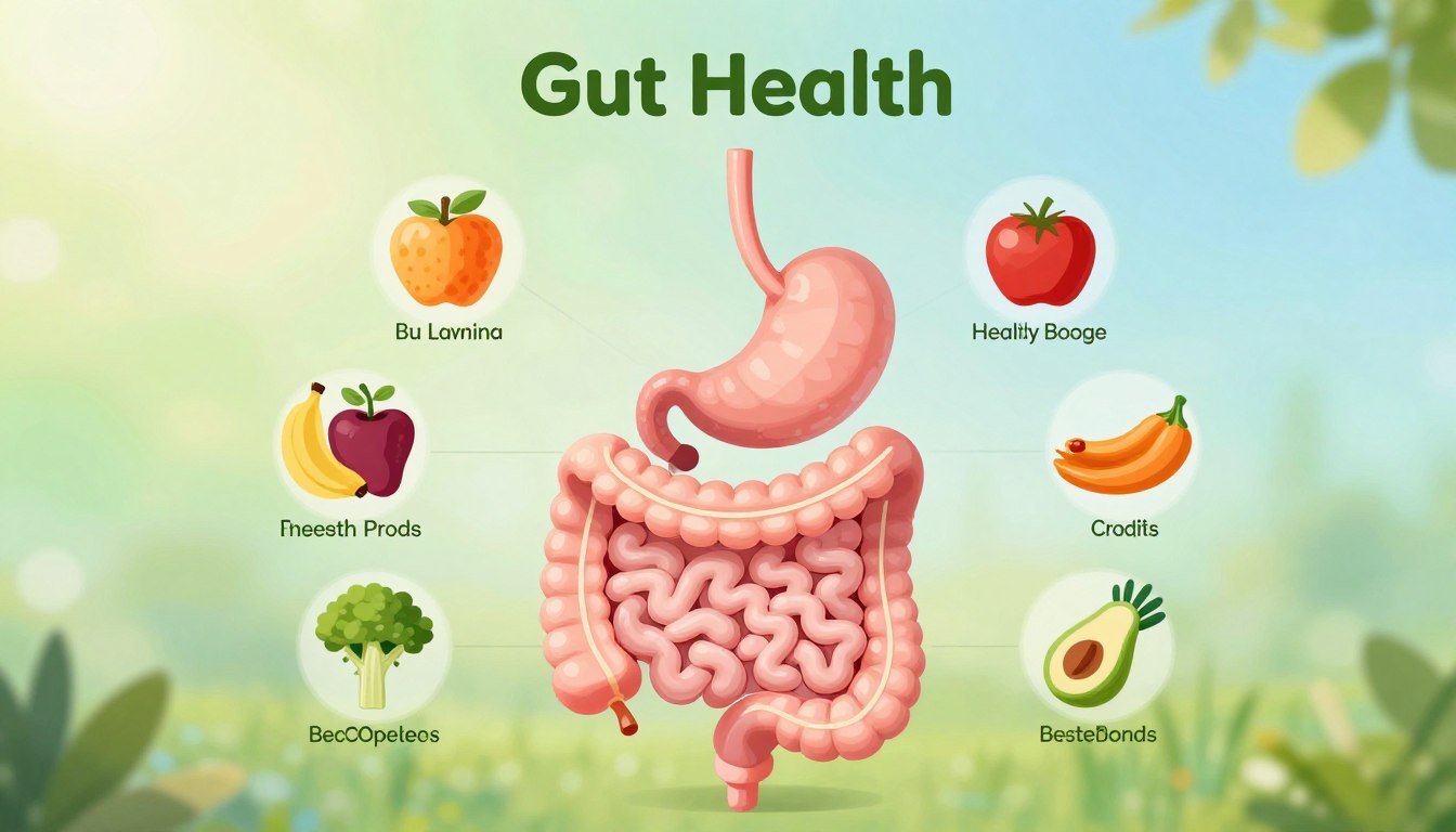 A detailed diagram illustrating the concept of gut health, featuring a colorful and informative layout. In the foreground, incorporate stylized representations of the human digestive system, highlighting key components like the stomach and intestines with labels. The middle section should depict healthy foods, such as fruits, vegetables, and probiotics, arranged artistically around the digestive system, emphasizing their importance for wellness. In the background, a calming gradient of greens and blues evokes a sense of tranquility and health. The lighting is soft and natural, creating an inviting atmosphere. The overall mood should be educational and uplifting, inspiring viewers to engage with the topic of digestive wellness.
