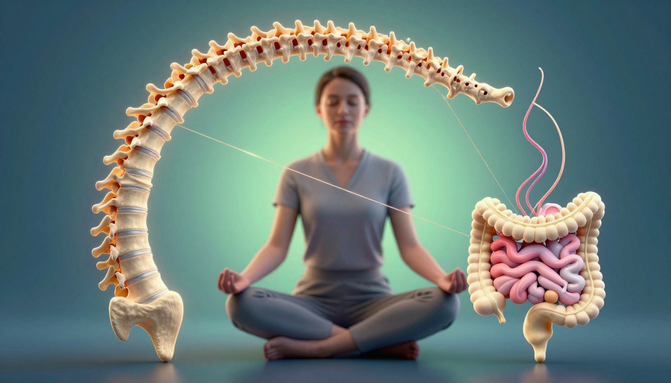 A detailed illustration depicting the gut-spine connection as a visual metaphor for natural health and healing. In the foreground, a stylized human spine gracefully arching, with intricate lines connecting to the digestive system represented as a colorful, anatomical diagram of the gut. In the middle ground, a serene individual dressed in subtle, professional attire sits in a meditative pose, reflecting balance and wellness. The background features a soft gradient of calming blues and greens, symbolizing tranquility and vitality. Dramatic lighting highlights the spine and gut connection, creating an ethereal glow around the elements, inviting feelings of hope and renewal. Capture this interconnectedness with a shallow depth of field to emphasize the subject and create an intimate atmosphere.