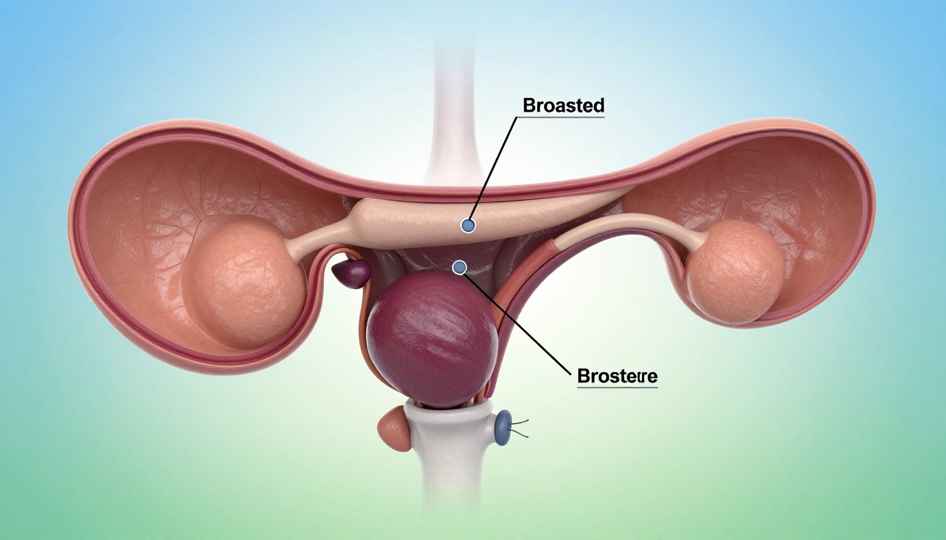 A detailed illustration highlighting an enlarged prostate anatomy, visually emphasized for educational purposes. In the foreground, a 3D anatomical model of the prostate gland is accurately depicted, showcasing its size and positioning relative to surrounding organs. In the middle, a diagrammatic representation includes labels and arrows indicating the effects of an enlarged prostate. The background features a soft gradient of blues and greens, creating a calm and informative atmosphere. The lighting is bright yet soft, ensuring clarity and focus on the anatomical details, shot from a slight angle to provide depth. The overall mood is professional and educational, suitable for a health-related article focused on men's prostate health.