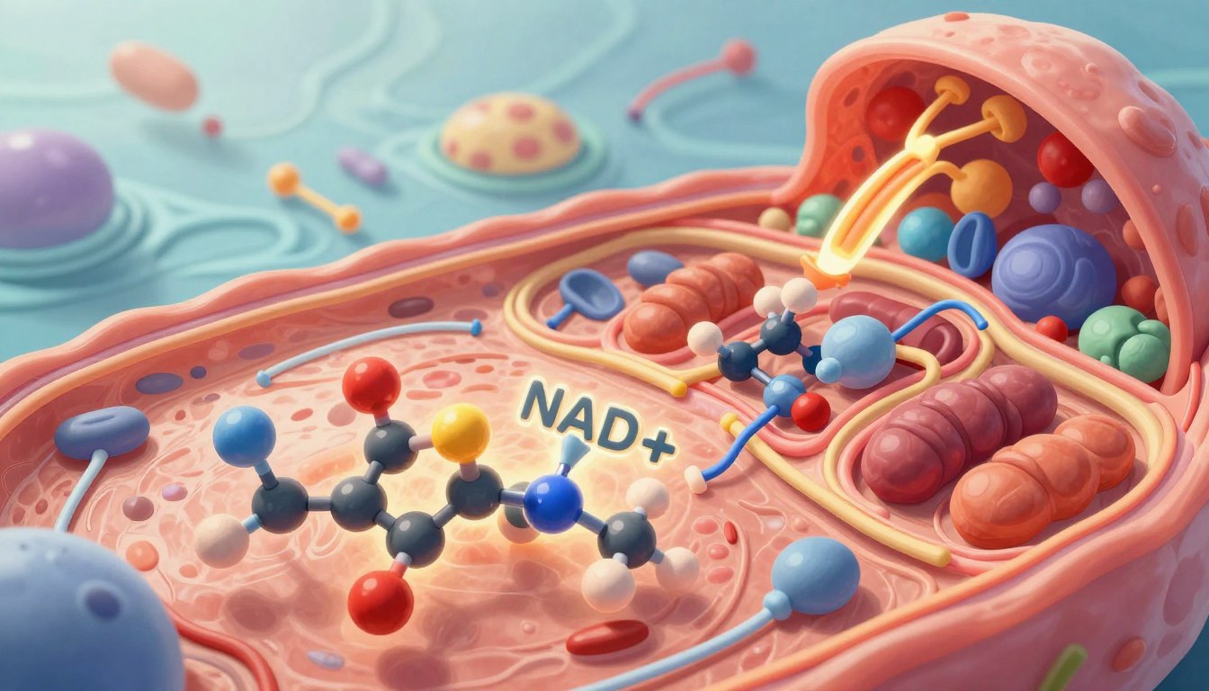 A detailed illustration of NAD+ metabolism within a human cell, showcasing the intricate biochemical processes in vivid colors. In the foreground, molecular structures of NAD+ and its precursors, such as tryptophan and niacin, are highlighted with a glowing effect, emphasizing their importance. The middle ground depicts a stylized representation of the cell, featuring mitochondria and various organelles, with arrows indicating metabolic pathways. The background includes abstract representations of energy production and cellular activity, evoking a sense of vitality. Use bright, natural lighting to enhance the vibrancy of the colors, shot from a slightly angled perspective to give depth. The mood should be dynamic and enlightening, illustrating the concept of energy transformation and health optimization. The image must be professional and informative, free of any text or branding. A detailed illustration of NAD+ metabolism within a human cell, showcasing the intricate biochemical processes in vivid colors. In the foreground, molecular structures of NAD+ and its precursors, such as tryptophan and niacin, are highlighted with a glowing effect, emphasizing their importance. The middle ground depicts a stylized representation of the cell, featuring mitochondria and various organelles, with arrows indicating metabolic pathways. The background includes abstract representations of energy production and cellular activity, evoking a sense of vitality. Use bright, natural lighting to enhance the vibrancy of the colors, shot from a slightly angled perspective to give depth. The mood should be dynamic and enlightening, illustrating the concept of energy transformation and health optimization. The image must be professional and informative, free of any text or branding.