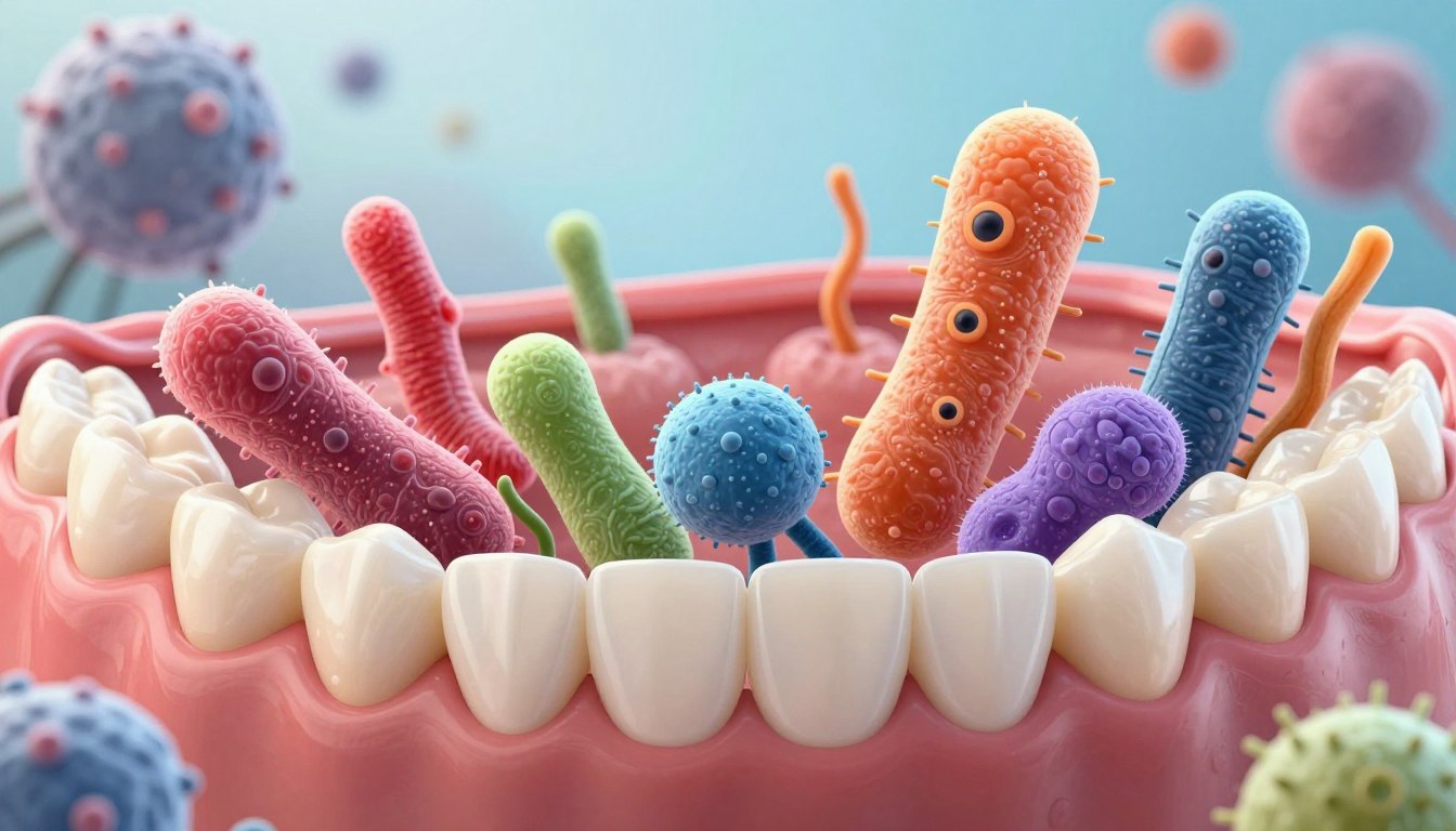 A detailed illustration of the oral microbiome, featuring a vibrant, colorful representation of various beneficial bacteria interacting in a healthy human mouth. In the foreground, a stylized depiction of a smiling mouth with shiny, clean teeth showcasing diverse microorganisms, such as cocci, bacilli, and spirochetes, depicted in a harmonious arrangement. The middle ground includes microscopic views of dental surfaces and gum tissues, illustrating the crucial role of these bacteria in oral health. The background fades to a serene, light blue gradient, evoking a fresh, clean atmosphere. Soft, natural lighting highlights the textures and shapes of the microbes, creating a warm, inviting mood. The focus is clear and sharp, simulating a close-up macro photography effect to emphasize detail without any text or distractions.