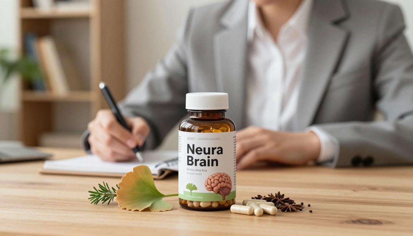A detailed overview of the Neura Brain supplement displayed on a wooden table, with a focus on an elegantly designed bottle featuring natural ingredients like ginkgo biloba, Omega-3, and Rhodiola rosea. In the foreground, there are fresh herbs and capsules arranged aesthetically around the bottle, suggesting a natural approach to brain enhancement. The middle ground shows a soft-focus image of a person in professional business attire, engaging in thoughtful writing or brainstorming on a notepad. The background features a serene, softly lit study with bookshelves and a potted plant, creating a calming atmosphere. Utilize warm lighting to enhance the inviting mood, capturing the essence of cognitive enhancement and wellness, with a shallow depth of field to emphasize the foreground elements. A detailed overview of the Neura Brain supplement displayed on a wooden table, with a focus on an elegantly designed bottle featuring natural ingredients like ginkgo biloba, Omega-3, and Rhodiola rosea. In the foreground, there are fresh herbs and capsules arranged aesthetically around the bottle, suggesting a natural approach to brain enhancement. The middle ground shows a soft-focus image of a person in professional business attire, engaging in thoughtful writing or brainstorming on a notepad. The background features a serene, softly lit study with bookshelves and a potted plant, creating a calming atmosphere. Utilize warm lighting to enhance the inviting mood, capturing the essence of cognitive enhancement and wellness, with a shallow depth of field to emphasize the foreground elements.