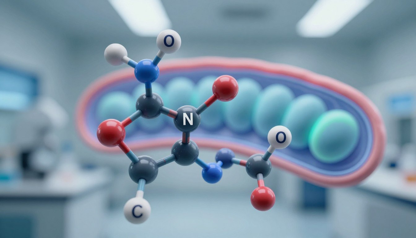 A detailed, realistic depiction of a coenzyme involved in cellular energy, specifically NAD+ (Nicotinamide adenine dinucleotide). In the foreground, focus on a stylized molecular structure with vibrant colors, highlighting key components such as nitrogen (N), oxygen (O), and carbon (C) atoms, connected by thin bonds. The middle layer should feature subtle, abstract representations of mitochondria, glowing softly in hues of blue and green, symbolizing cellular respiration and energy production. The background displays a faint, blurred laboratory setting with soft lighting, tweaking shadows for a scientific atmosphere. Use a macro lens effect to emphasize the intricate details of the molecular bonds while maintaining a clean and professional aesthetic, evoking a sense of discovery and vitality. A detailed, realistic depiction of a coenzyme involved in cellular energy, specifically NAD+ (Nicotinamide adenine dinucleotide). In the foreground, focus on a stylized molecular structure with vibrant colors, highlighting key components such as nitrogen (N), oxygen (O), and carbon (C) atoms, connected by thin bonds. The middle layer should feature subtle, abstract representations of mitochondria, glowing softly in hues of blue and green, symbolizing cellular respiration and energy production. The background displays a faint, blurred laboratory setting with soft lighting, tweaking shadows for a scientific atmosphere. Use a macro lens effect to emphasize the intricate details of the molecular bonds while maintaining a clean and professional aesthetic, evoking a sense of discovery and vitality.