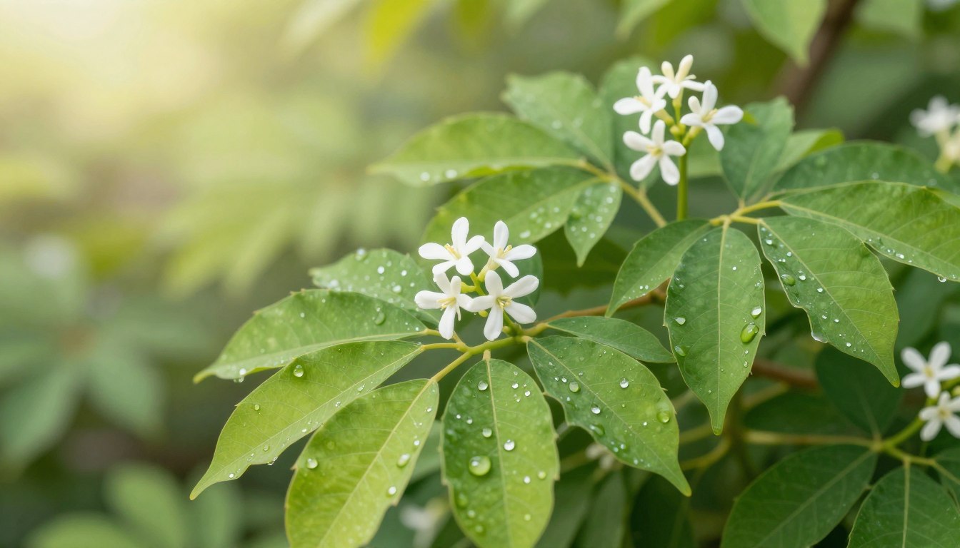 A detailed, realistic illustration of Gymnema Sylvestre plants, showcasing their lush green leaves and small white flowers in vibrant detail. In the foreground, focus on a lush cluster of Gymnema leaves with droplets of water catching the light, symbolizing freshness and vitality. The middle ground includes more of the plant with a blurred background featuring a softly lit natural environment, evoking a sense of tranquility and health. The lighting is bright and natural, simulating sunlight filtering through foliage, creating a warm, inviting atmosphere. This image should reflect the essence of health and wellness associated with the ingredient, Gymnema Sylvestre, as part of the ZenSulin blood sugar solution. The composition should be clear and visually appealing, drawing the viewer's interest without any text, logos, or distractions. A detailed, realistic illustration of Gymnema Sylvestre plants, showcasing their lush green leaves and small white flowers in vibrant detail. In the foreground, focus on a lush cluster of Gymnema leaves with droplets of water catching the light, symbolizing freshness and vitality. The middle ground includes more of the plant with a blurred background featuring a softly lit natural environment, evoking a sense of tranquility and health. The lighting is bright and natural, simulating sunlight filtering through foliage, creating a warm, inviting atmosphere. This image should reflect the essence of health and wellness associated with the ingredient, Gymnema Sylvestre, as part of the ZenSulin blood sugar solution. The composition should be clear and visually appealing, drawing the viewer's interest without any text, logos, or distractions.