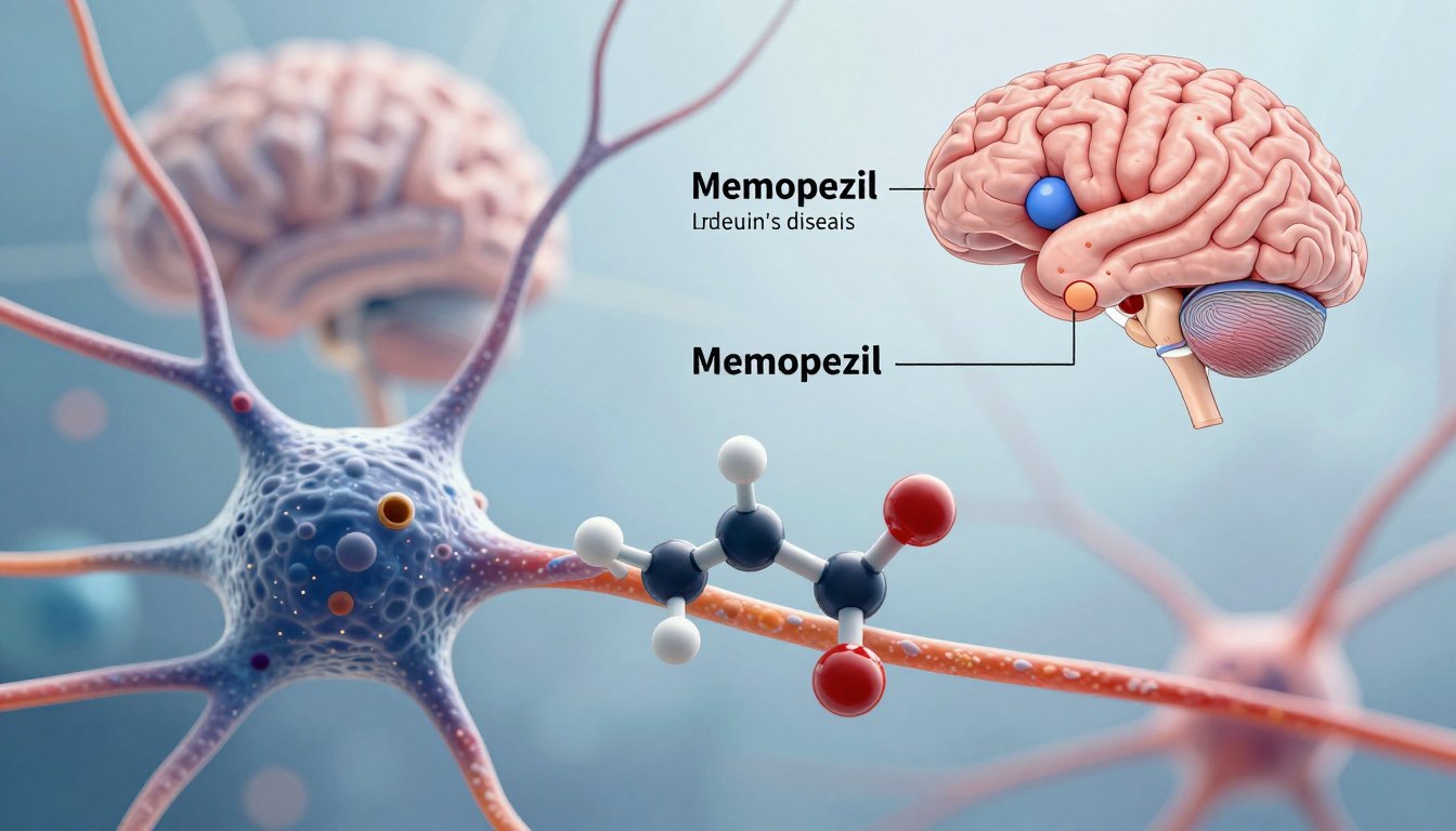 A detailed scientific illustration depicting how Memopezil works at a cellular level. In the foreground, showcase stylized neurons and synapses, highlighting the interaction of Memopezil molecules with receptor sites, exemplifying increased neurotransmitter activity. In the middle ground, include a diagram illustrating the brain, with highlighted regions affected by Alzheimer's disease, and the positive impact of Memopezil. In the background, a soft focus of abstract brain imagery with connecting neural pathways. The lighting should be bright and clinical, creating a professional atmosphere. Use a macro lens perspective for an intimate view of molecular interactions, evoking a sense of scientific discovery and hope. The overall mood should balance clarity and optimism, suitable for illustrating medical advancements.