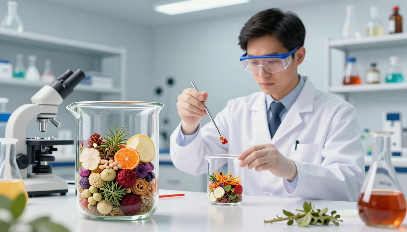 A detailed scientific illustration showcasing the formulation process of GutLite, focusing on gut health. In the foreground, a clear glass beaker filled with colorful ingredients representing probiotics, prebiotics, and botanical extracts. In the middle, a scientist in a white lab coat, wearing safety goggles, carefully measures ingredients with precision tools. Behind them, shelves filled with scientific equipment, lab notes, and organic herbs, creating a research atmosphere. The lighting is bright and clinical, with a slight focus on the beaker to emphasize the vibrant ingredients. The overall mood is innovative and professional, inviting exploration into the science of gut health solutions while highlighting the meticulous formulation process.