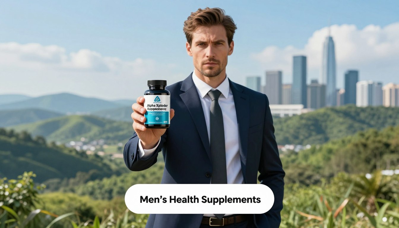 A determined modern man in professional business attire stands confidently at the forefront of the image, holding the product "Alpha Xploder – Ultimate Male Performance & Energy Booster Formula" in one hand. His expression radiates focus and ambition. In the middle ground, a lush, serene landscape symbolizes vitality and peak performance, with green hills and a clear blue sky. In the background, silhouettes of advanced urban architecture hint at modernity and progress, enhancing the sense of aspiration. Soft, natural lighting bathes the scene, highlighting the man as an emblem of strength and potential. The atmosphere is motivational, evoking a sense of determination and success. Below the man, a clear "Buy Now" button features the brand name "Men’s Health Supplements," seamlessly integrated into the design, inviting action while maintaining a clean aesthetic.