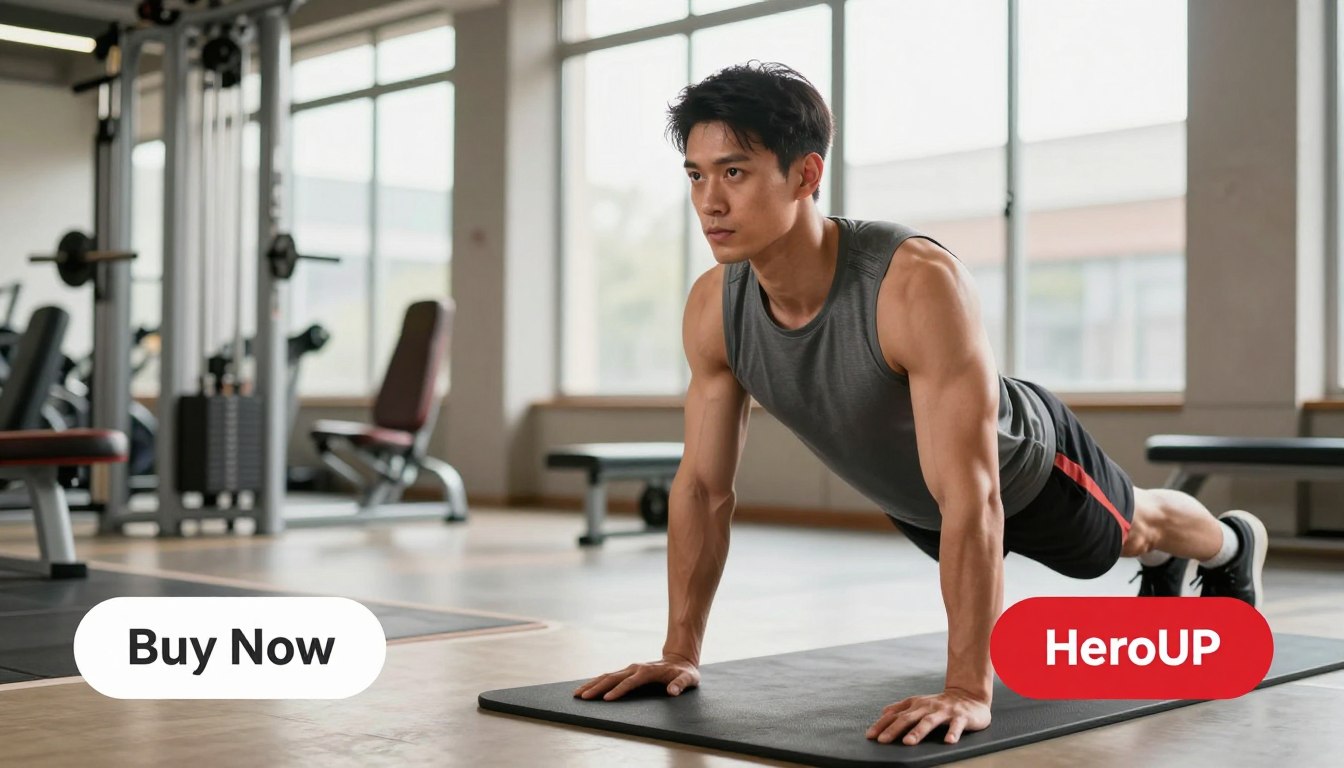A dynamic and inspiring scene featuring a fit male athlete in professional athletic wear, confidently performing an exercise in a well-lit gym environment. In the foreground, the focus is on the athlete engaged in strength training, showcasing toned muscles and determination. The middle ground displays gym equipment, such as weights and exercise mats, emphasizing fitness and vitality. In the background, large windows let in natural light, creating a warm and motivating atmosphere. The lighting should be bright yet soft, highlighting the athlete’s focus and energy. Subtle elements, like a "Buy Now" button overlay in a corner, promote the HeroUP brand without detracting from the overall composition. The mood is uplifting and empowering, inviting viewers to embrace natural male vitality and performance.