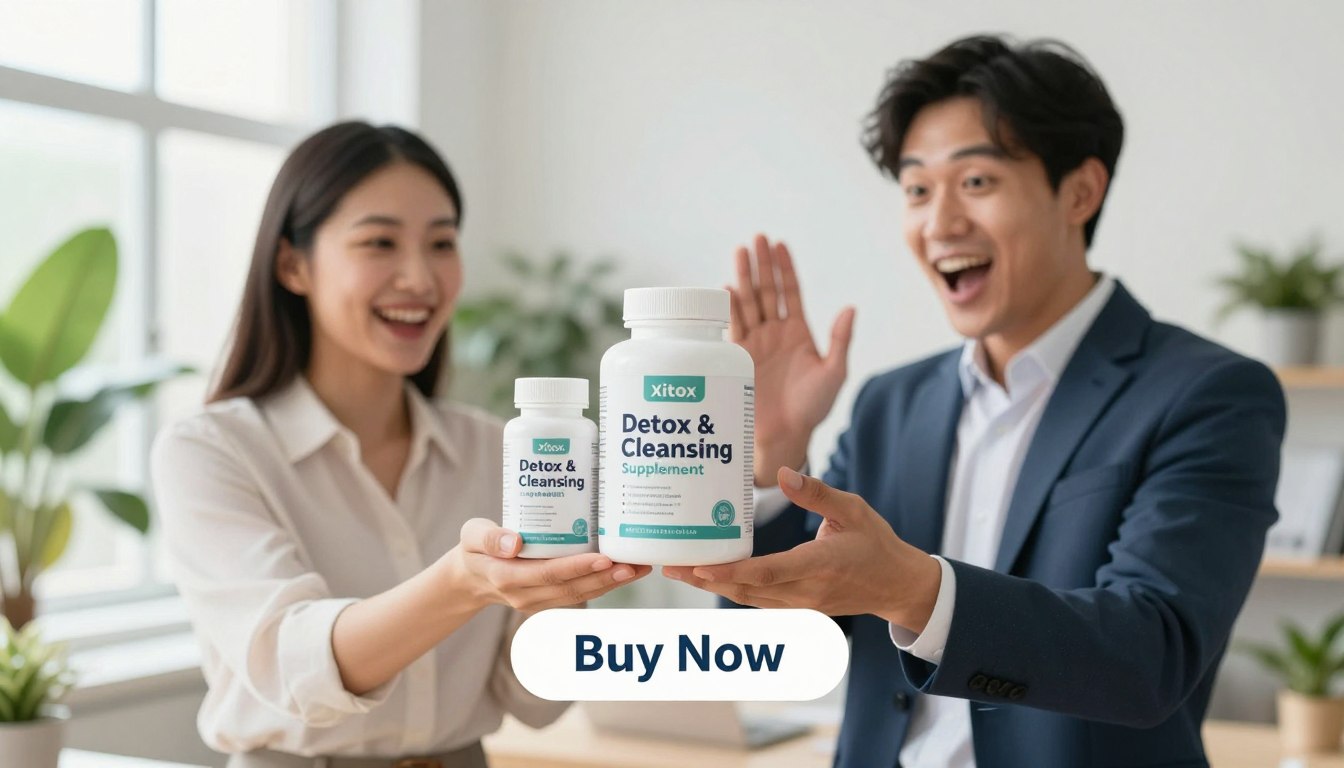 A dynamic and vibrant scene featuring a man and a woman in professional business attire, confidently presenting the "Detox & Cleansing Supplement" by Xitox. The foreground showcases the products held prominently in their hands, with expressions of enthusiasm and health consciousness. In the middle ground, a subtle backdrop of a bright, sunlit office setting conveys a sense of wellness and productivity, with green plants adding a touch of freshness. The lighting is soft yet bright, creating an inviting atmosphere. A "Buy Now" button is integrated elegantly beneath their hands, emphasizing action and engagement. The overall mood feels optimistic and empowering, perfectly capturing the ideal user of Xitox’s powerful supplement, enthusiastic about enhancing their health.