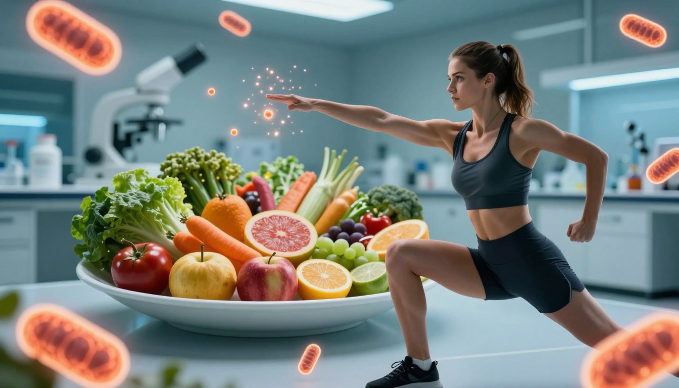 A dynamic and vibrant scene illustrating the concept of mitochondrial health and weight management. In the foreground, an athlete in professional sportswear demonstrates a powerful workout pose, surrounded by glowing mitochondria depicted as tiny, energetic orbs of light. In the middle ground, a stylish representation of a nutrient-rich meal, like colorful fruits and vegetables, symbolizes a healthy lifestyle. The background portrays a serene laboratory setting with soft blue and green lighting, suggesting scientific research and innovation in nutrition. The overall mood is inspiring and energetic, conveying a sense of empowerment and vitality, with the use of dramatic angles that enhance the depth and focus on the prominent elements of health and fitness. A dynamic and vibrant scene illustrating the concept of mitochondrial health and weight management. In the foreground, an athlete in professional sportswear demonstrates a powerful workout pose, surrounded by glowing mitochondria depicted as tiny, energetic orbs of light. In the middle ground, a stylish representation of a nutrient-rich meal, like colorful fruits and vegetables, symbolizes a healthy lifestyle. The background portrays a serene laboratory setting with soft blue and green lighting, suggesting scientific research and innovation in nutrition. The overall mood is inspiring and energetic, conveying a sense of empowerment and vitality, with the use of dramatic angles that enhance the depth and focus on the prominent elements of health and fitness.