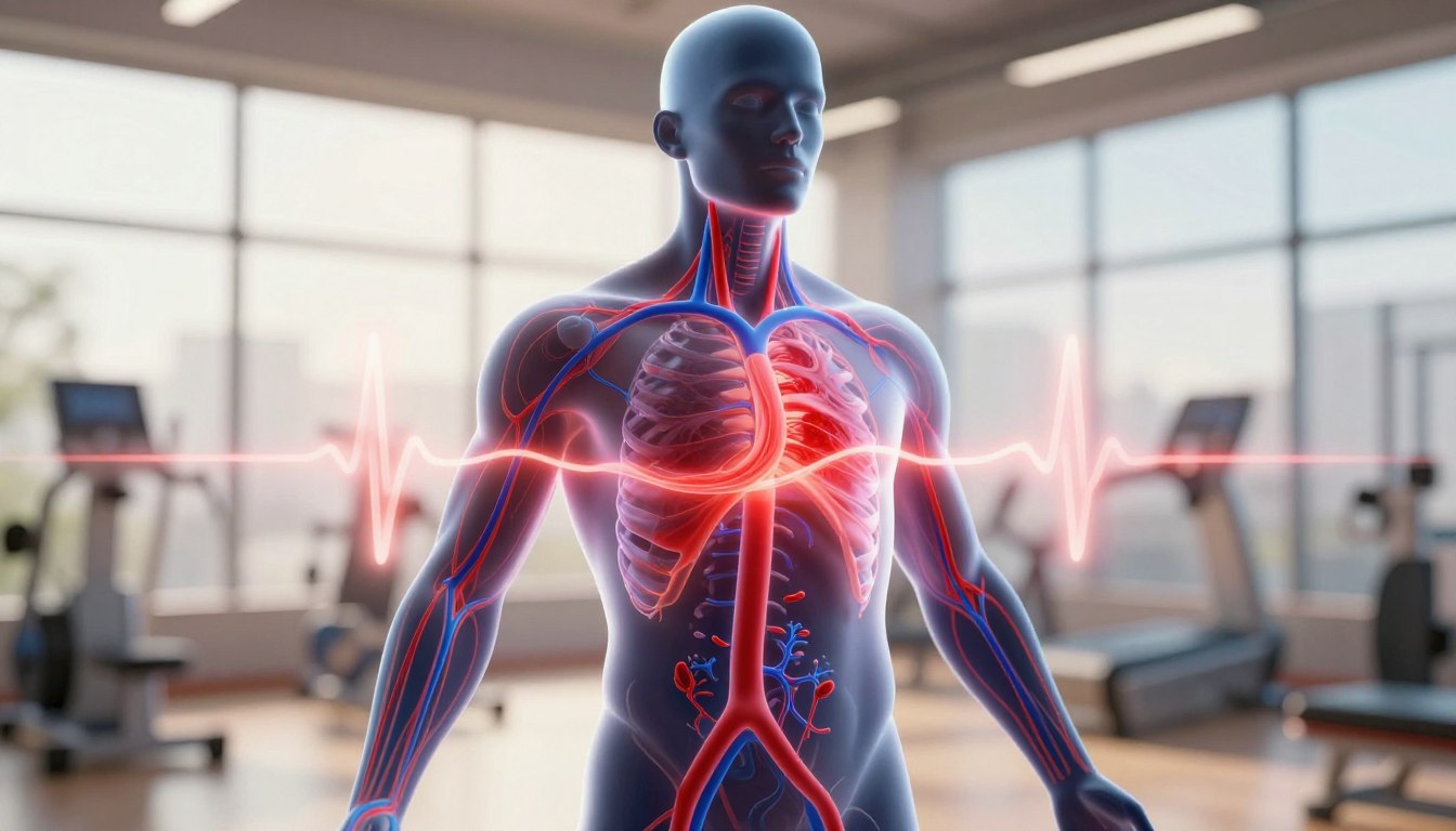 A dynamic composition illustrating blood flow enhancement in the human body. Foreground features a semi-transparent human silhouette, showcasing a detailed view of arteries and veins illuminated in vibrant red and blue hues to signify enhanced circulation. In the middle, subtle light interacts with flowing blood, emphasizing movement and vitality, while a faint pulse effect radiates outward. The background portrays a soft-focus gym environment, with light filtering through large windows, creating an energetic and motivational atmosphere. The lighting is bright yet warm, giving a sense of positivity and health. Capture this scene from a low angle perspective, creating a sense of empowerment and promoting an active lifestyle. No text or watermarks should be present. A dynamic composition illustrating blood flow enhancement in the human body. Foreground features a semi-transparent human silhouette, showcasing a detailed view of arteries and veins illuminated in vibrant red and blue hues to signify enhanced circulation. In the middle, subtle light interacts with flowing blood, emphasizing movement and vitality, while a faint pulse effect radiates outward. The background portrays a soft-focus gym environment, with light filtering through large windows, creating an energetic and motivational atmosphere. The lighting is bright yet warm, giving a sense of positivity and health. Capture this scene from a low angle perspective, creating a sense of empowerment and promoting an active lifestyle. No text or watermarks should be present.
