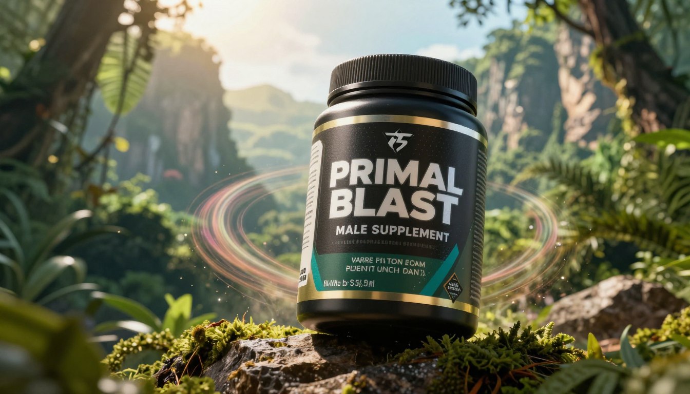 A dynamic composition showcasing the Primal Blast Male Supplement packaging prominently in the foreground, emphasizing its sleek and robust design. The supplement container is set against a backdrop of natural elements like a lush green jungle or rugged mountains, symbolizing vitality and primal energy. In the middle ground, include subtle, energetic visuals like abstract swirls or bursts of color that suggest power and enhancement. The lighting is bright and natural, with a slight golden hue to convey warmth and vitality, ideally captured from a low angle to create a sense of strength and elevation. The overall mood is invigorating and inspiring, encouraging the viewer to feel a surge of primal potential without any text or distractions. A dynamic composition showcasing the Primal Blast Male Supplement packaging prominently in the foreground, emphasizing its sleek and robust design. The supplement container is set against a backdrop of natural elements like a lush green jungle or rugged mountains, symbolizing vitality and primal energy. In the middle ground, include subtle, energetic visuals like abstract swirls or bursts of color that suggest power and enhancement. The lighting is bright and natural, with a slight golden hue to convey warmth and vitality, ideally captured from a low angle to create a sense of strength and elevation. The overall mood is invigorating and inspiring, encouraging the viewer to feel a surge of primal potential without any text or distractions.