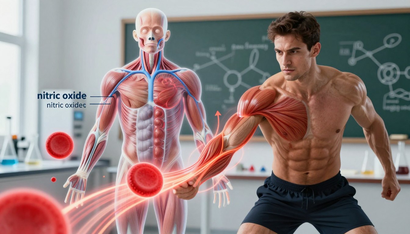 A dynamic illustration depicting the mechanism of "Nitric Boost Ultra" in enhancing nitric oxide production. In the foreground, feature a muscular, athletic man in professional activewear, displaying efficient blood flow through his muscles, energized and filled with vitality. In the middle, a semi-transparent anatomical diagram showcasing blood vessels and muscle fibers, highlighting the role of nitric oxide. Include visual elements representing enhanced oxygen delivery, like glowing red blood cells and arrows indicating flow direction. The background should be a soft-focus laboratory setting, with scientific instruments and formulas on a chalkboard, emphasizing a research environment. The lighting should be bright and focused around the foreground, creating a vivid, inspiring atmosphere that conveys energy and health.