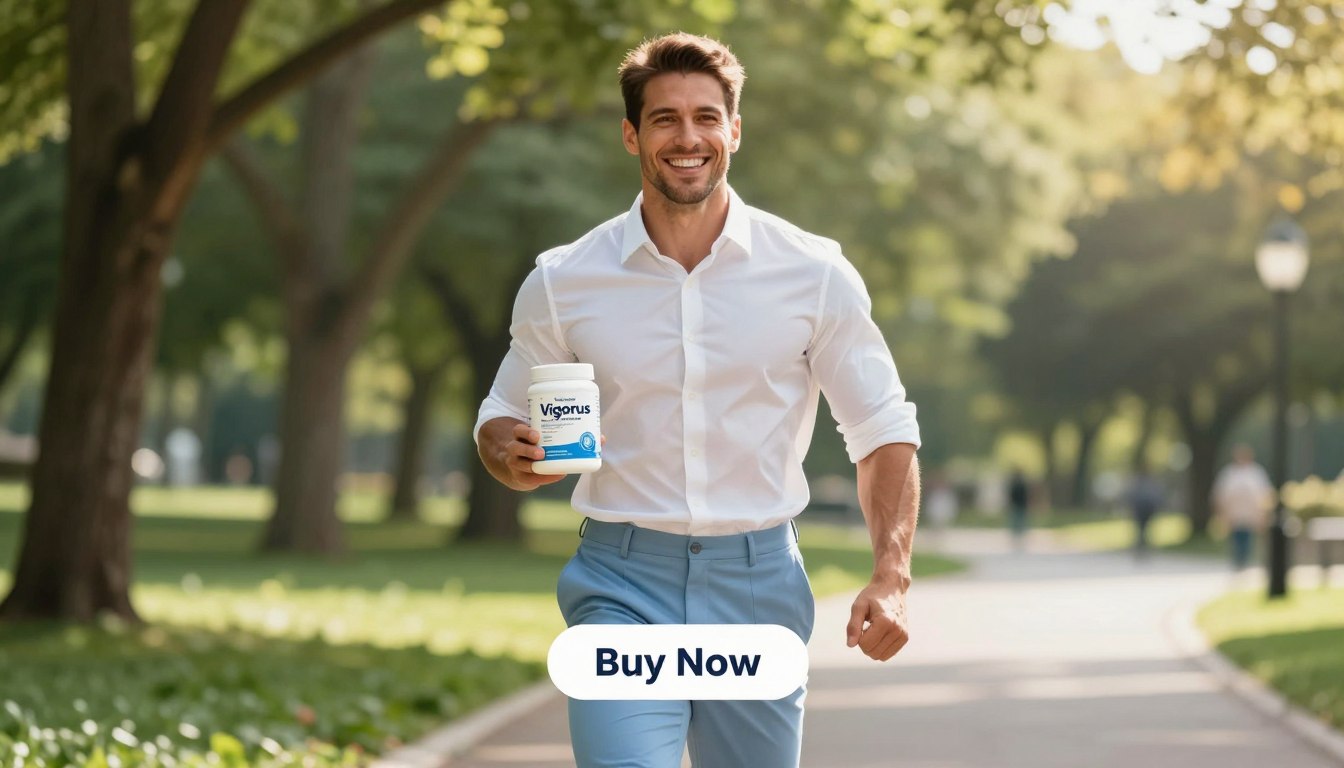 A dynamic scene featuring a fit man in his 30s, exuding vitality, standing confidently outdoors in a sunlit park. He is wearing professional casual attire: a crisp white shirt and tailored light blue trousers. The foreground emphasizes the man's strong posture and vibrant energy, accentuated by his broad smile. In his right hand, he holds a sleek, modern container of "Vigorus" health supplement, prominently visible. The middle ground showcases lush greenery and a gentle breeze, enhancing the atmosphere of health and vitality. Soft sunlight filters through the trees, casting a warm glow. In the background, an inviting pathway suggests movement and active living. A “Buy Now” button appears below the product with the brand name "Health & Wellness" clearly visible, creating a seamless transition for potential customers captivated by the image.