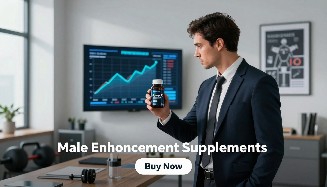 A dynamic scene illustrating the modern struggle for peak performance, featuring a focused man in professional business attire, holding the "PowerX Pro" product in one hand while looking determinedly at a digital performance chart displayed on a screen in the background. In the foreground, the man stands in a sleek, modern office environment, with motivational elements like a health-focused poster on the wall and fitness equipment subtly placed around. Soft, natural lighting from large windows casts gentle shadows, enhancing the atmosphere of motivation and ambition. The background showcases a minimalist design with tech-inspired decor, creating a sense of innovation. Below the man, include a "Buy Now" button, with the brand name "Male Enhancement Supplements" prominently displayed. The mood is one of ambition, confidence, and the pursuit of excellence.