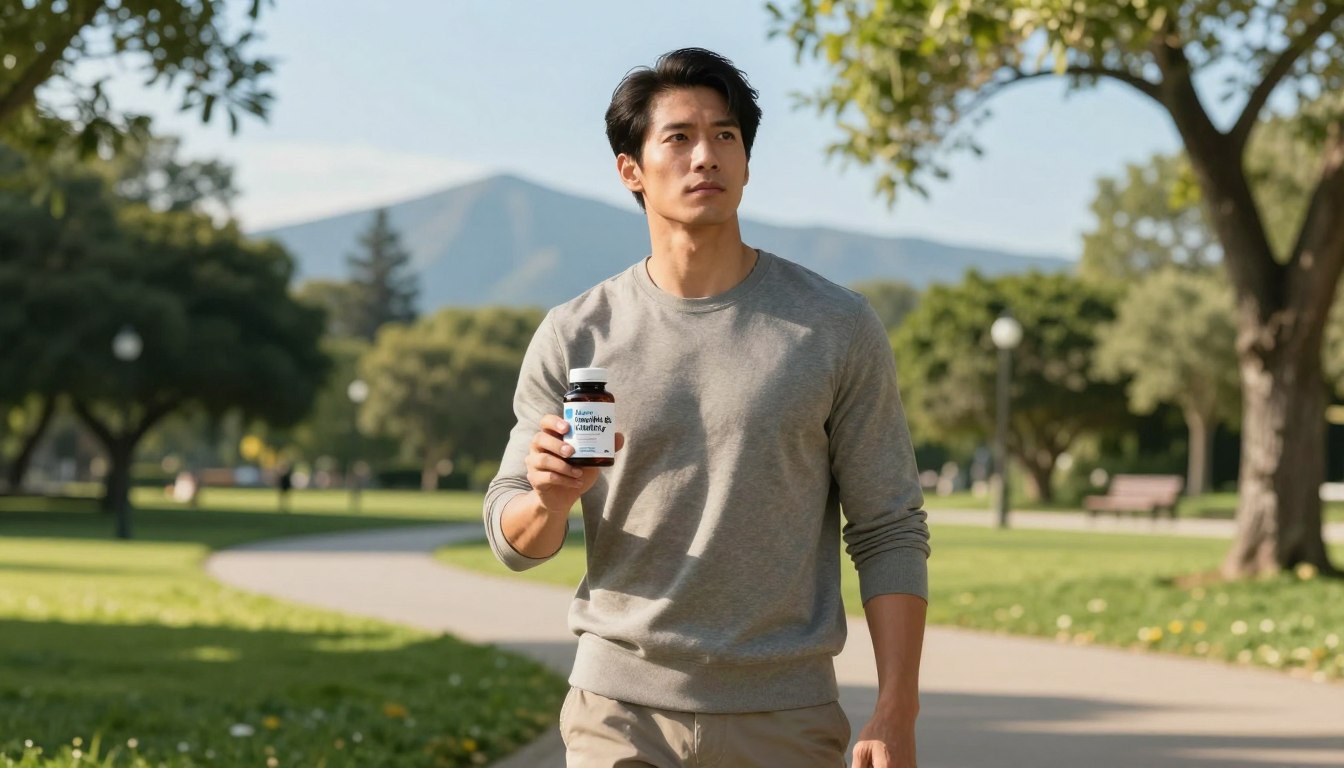 A focused, determined man in smart casual attire stands at the forefront, holding a bottle labeled "Men’s Health & Vitality Sup." His expression embodies strength and resilience, reflecting the energy and vitality theme. In the middle ground, a scenic park with lush greenery symbolizes balance and wellness. Soft, warm sunlight filters through the trees, casting gentle shadows and creating a serene atmosphere. The background features distant mountains under a clear blue sky, enhancing the sense of adventure and vitality. Use a slightly elevated angle to capture the man’s confident stance, with depth of field blurring the background slightly for emphasis. The overall mood is uplifting and progressive, resonating with the theme of modern men's challenges in maintaining energy and vitality.