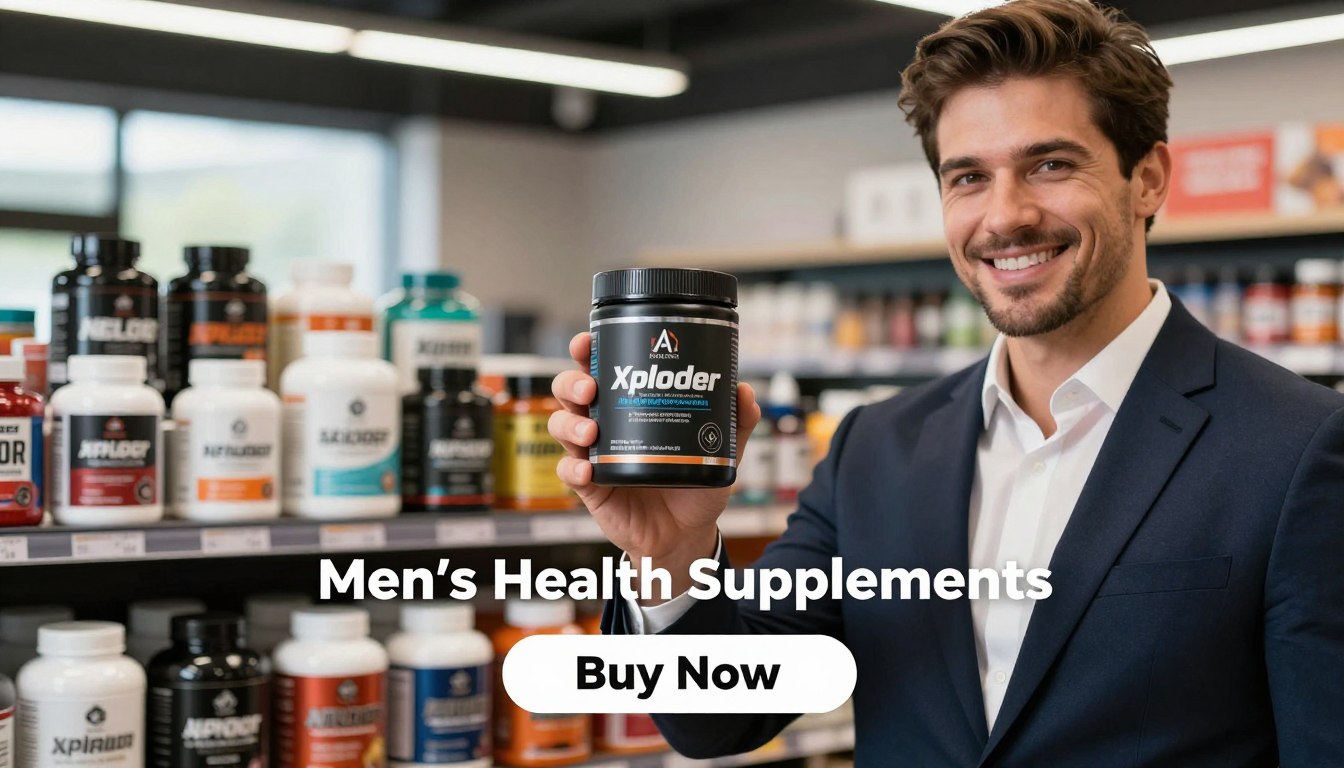 A focused male figure in professional business attire, smiling confidently, holds a sleek container of "Alpha Xploder – Ultimate Male Performance & Energy Booster Formula." The container has a modern, attractive design that emphasizes performance and vitality. In the foreground, the man exudes empowerment, while in the middle ground, a blurred array of performance supplements creates a vibrant market scene, suggesting variety. The background features a well-lit, modern gym or health store environment, hinting at fitness and well-being. Soft, natural lighting highlights the products, creating an inviting and energetic atmosphere. Below, a prominent "Buy Now" button echoes dynamically with the brand name, "Men’s Health Supplements," symbolizing the action-oriented nature of the male performance supplement market.
