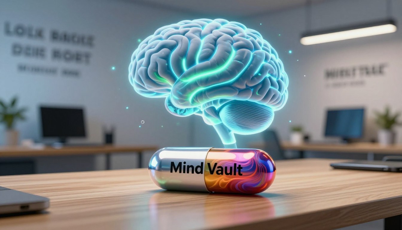 A futuristic brain supplement product, labeled "Mind Vault," prominently displayed in the foreground, with a sleek, metallic capsule design showcasing vibrant, swirling colors that suggest enhanced cognitive abilities. In the middle ground, an abstract representation of the brain, illuminated with soft blue and green light, symbolizing increased focus and clarity. In the background, a serene office environment featuring a wooden desk, modern gadgets, and motivational quotes subtly presented on a wall. Soft, ambient lighting enhances the innovative atmosphere, using a wide-angle lens perspective to create depth. The overall mood is professional and uplifting, evoking a sense of curiosity and inspiration, perfect for individuals seeking cognitive enhancement in their daily lives. No text or distractions present.