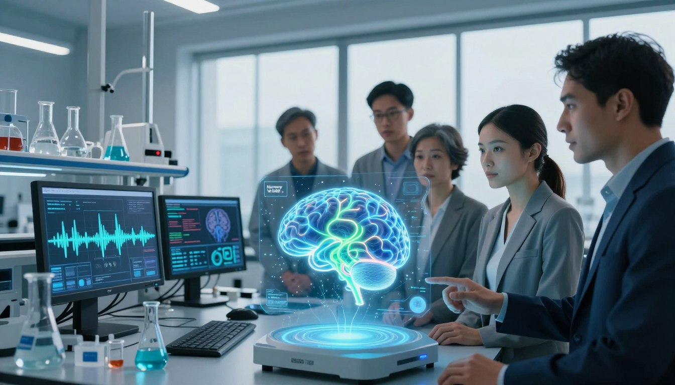 A futuristic laboratory scene depicting the concept of "Neural Support and Brain Function Science." In the foreground, a diverse group of professionals in smart business attire examines a holographic brain model, showcasing neural pathways illuminated in blue and green hues. The middle layer features advanced scientific equipment, such as beakers and computer screens displaying complex data and brain wave patterns. The background is filled with large windows allowing natural light to flood the space, enhancing the innovative atmosphere. The scene should invoke a sense of collaboration and discovery, with soft, focused lighting highlighting the individuals’ expressions of deep concentration and curiosity. Include elements suggesting the brand "Memory Vitali," such as subtle branding on screens or materials present in the lab, ensuring a safe and professional aesthetic.
