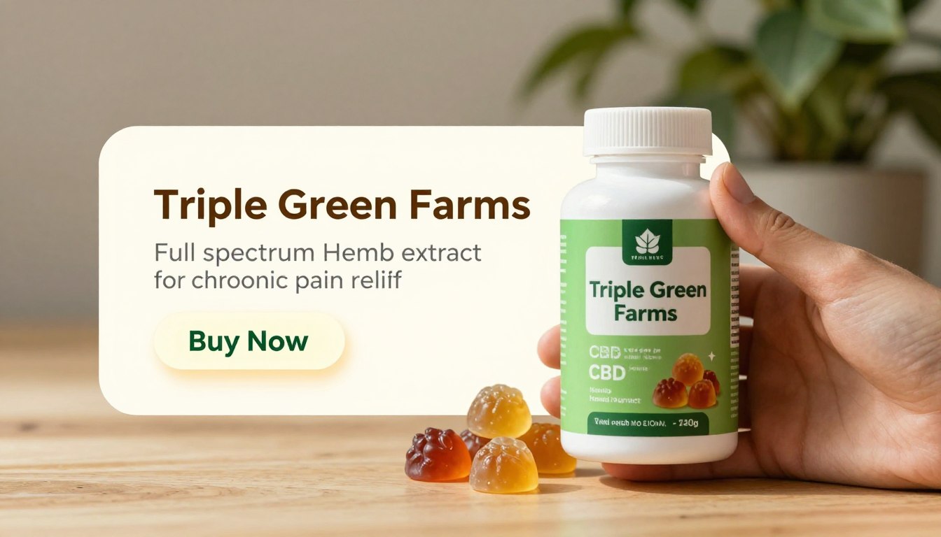 A hand holding a green and white CBD gummies bottle labeled "Triple Green Farms" prominently displayed in the foreground, showcasing colorful, translucent gummies spilling slightly from the open lid. In the middle ground, a clean and modern ad banner features a glowing "Buy Now" button and a small price tag to emphasize the product's purchase appeal. The background has soft, natural elements like blurred greenery or a wooden table, creating a calming atmosphere. The lighting is warm and inviting, highlighting the texture of the gummies, evoking a sense of relief and tranquility. The overall mood is soothing and professional, ideal for illustrating the benefits of full spectrum hemp extract for chronic pain relief. A hand holding a green and white CBD gummies bottle labeled "Triple Green Farms" prominently displayed in the foreground, showcasing colorful, translucent gummies spilling slightly from the open lid. In the middle ground, a clean and modern ad banner features a glowing "Buy Now" button and a small price tag to emphasize the product's purchase appeal. The background has soft, natural elements like blurred greenery or a wooden table, creating a calming atmosphere. The lighting is warm and inviting, highlighting the texture of the gummies, evoking a sense of relief and tranquility. The overall mood is soothing and professional, ideal for illustrating the benefits of full spectrum hemp extract for chronic pain relief.
