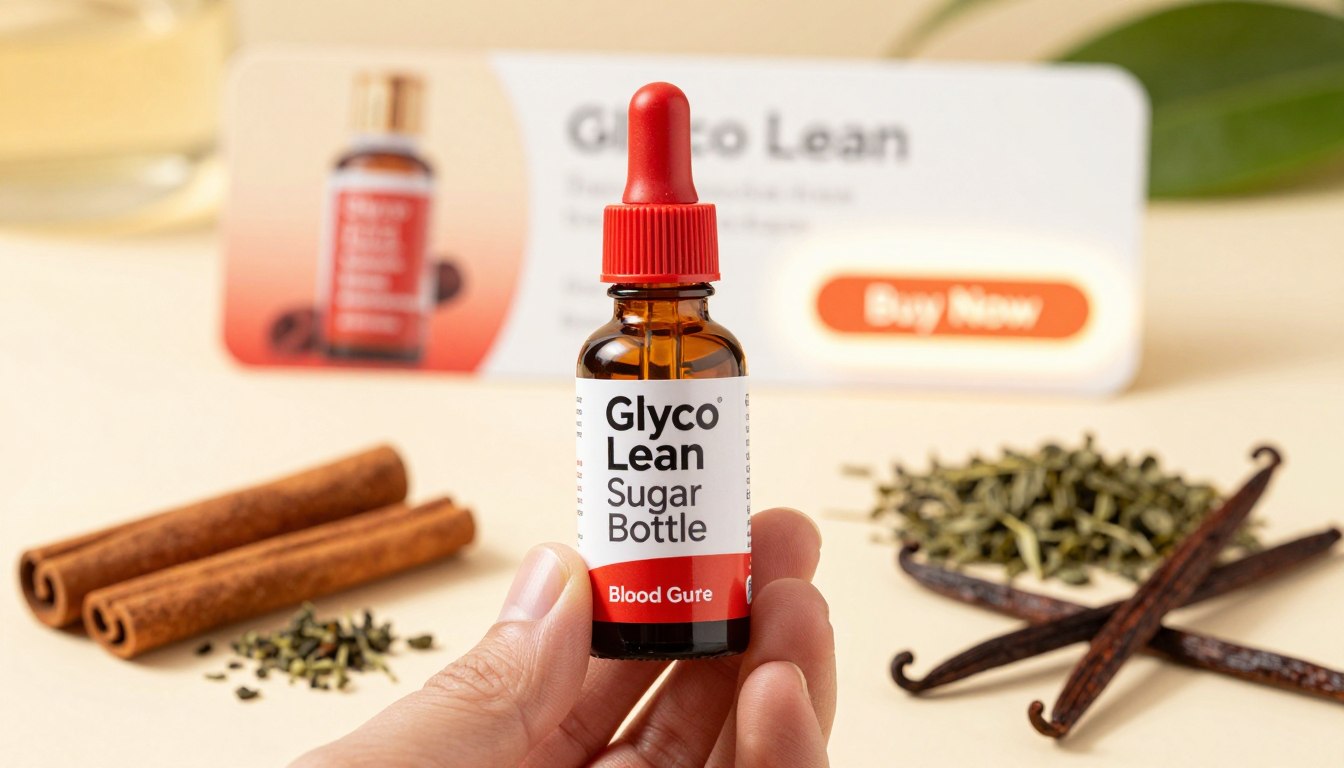 A hand holding a red Glyco Lean dropper bottle prominently in the foreground, showcasing the label "Glyco Lean Blood Sugar Bottle" with a clean, crisp design. Surrounding the bottle are various natural ingredients known for blood sugar support, such as cinnamon sticks, green tea leaves, and vanilla pods, arranged artistically to create a visually engaging composition. In the middle ground, incorporate a soft-focus background featuring a glowing "Buy Now" button and a subtle price tag, emphasizing affordability. Use warm, inviting lighting to create a cheerful atmosphere, ideally captured with a shallow depth of field to keep the focus on the Glyco Lean bottle and ingredients. The scene should evoke a sense of health and vitality, inviting viewers to explore the benefits of these ingredients. A hand holding a red Glyco Lean dropper bottle prominently in the foreground, showcasing the label "Glyco Lean Blood Sugar Bottle" with a clean, crisp design. Surrounding the bottle are various natural ingredients known for blood sugar support, such as cinnamon sticks, green tea leaves, and vanilla pods, arranged artistically to create a visually engaging composition. In the middle ground, incorporate a soft-focus background featuring a glowing "Buy Now" button and a subtle price tag, emphasizing affordability. Use warm, inviting lighting to create a cheerful atmosphere, ideally captured with a shallow depth of field to keep the focus on the Glyco Lean bottle and ingredients. The scene should evoke a sense of health and vitality, inviting viewers to explore the benefits of these ingredients.