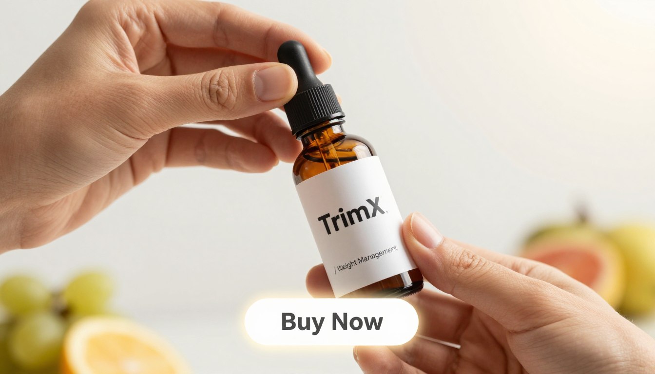 A hand holding a sleek, modern TrimX dropper bottle labeled "TrimX / Weight Management" against a clean, bright background. The dropper bottle is glistening with subtle reflections, conveying a sense of freshness and vitality. Just below the bottle, a price tag showcases a competitive price, emphasizing value. A glowing "Buy Now" button is artistically integrated into the composition, suggesting action and engagement. The lighting is soft and warm, creating an inviting atmosphere that suggests health and well-being. The background features blurred hints of fresh fruits and herbal elements, subtly supporting the natural theme of weight management. The overall mood reflects empowerment and motivation, aligning perfectly with the essence of TrimX drops.