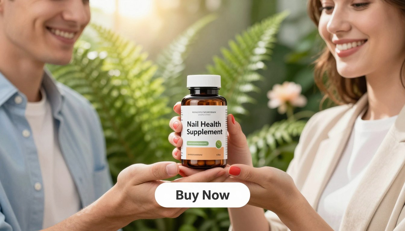 A harmonious, bright image showcasing a professional man and woman in smart casual attire, both holding a beautifully designed bottle labeled "Nail Health Supplement." The product is centered in the foreground, with their hands gently cupping it, displaying vibrant, healthy nails. In the middle ground, a lush green backdrop of natural elements like ferns and soft-focus flowers enhances the theme of health and vitality. The background incorporates soft, warm sunlight filtering through leaves, creating a serene, uplifting atmosphere. The composition is balanced and inviting, with an overall mood of freshness and renewal. A subtle, prominent "Buy Now" button is positioned below the product, harmonizing with the design. The lens captures the scene in a gentle close-up, emphasizing the details of the product and the models' joyful expressions, promoting engagement and positivity.