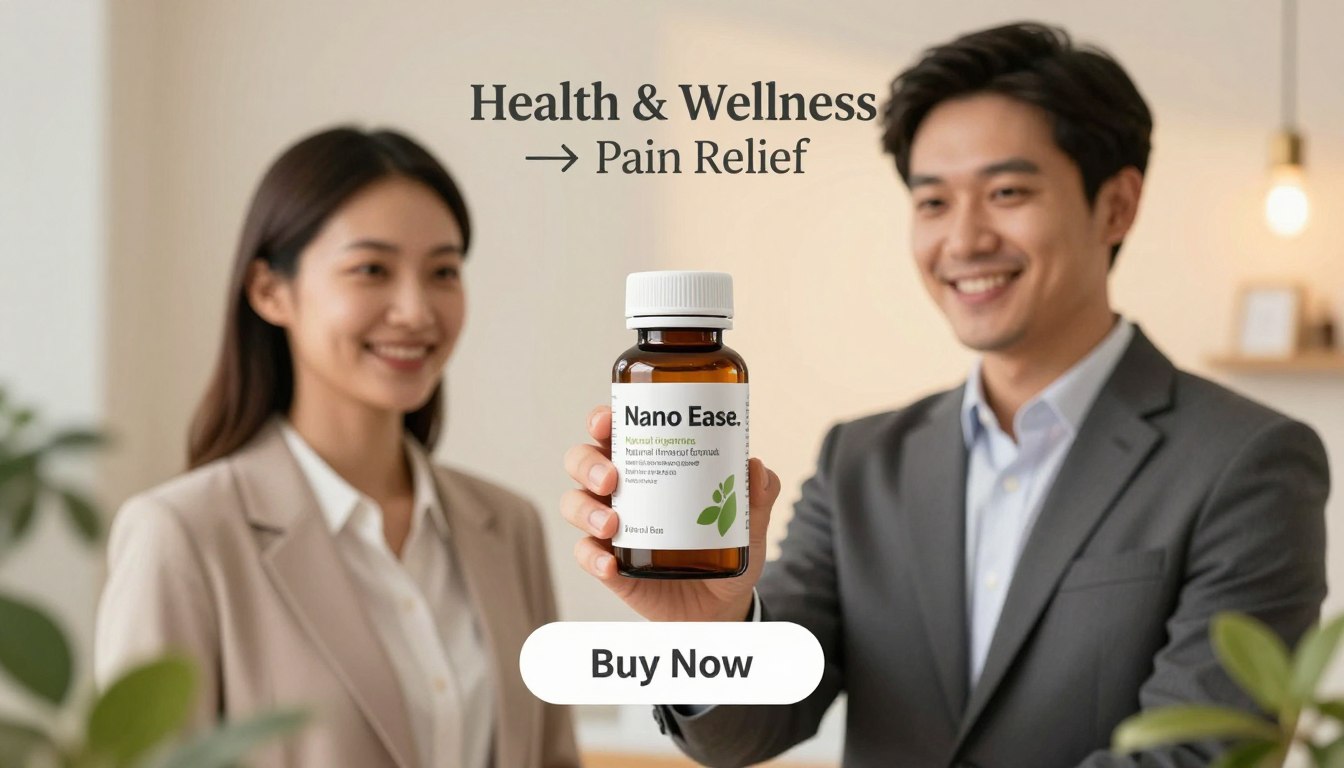 A harmonious composition featuring a man and woman in professional business attire, standing together and smiling while holding a sleek, modern bottle labeled "Nano Ease." The product is prominently displayed in the foreground, showcasing its advanced natural pain relief formula. In the middle ground, subtle elements like soft green leaves suggest a connection to nature and wellness, emphasizing the natural ingredients of the formula. In the background, a soft-focus image of a serene health clinic environment adds to the tranquil mood, with warm, inviting lighting casting a gentle glow. Below the main subjects, a clear and visually appealing "Buy Now" button is incorporated. The brand name "Health & Wellness → Pain Relief" is gracefully positioned either at the top or bottom, enhancing the overall professional aesthetic, without any text overlays or watermarks.
