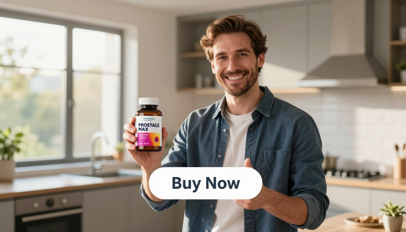 A health-conscious man in his 40s, dressed in smart casual attire, stands smiling in the foreground, holding a bottle of Prostate Max, showcasing its vibrant packaging. In his other hand, he gestures towards a large, visually appealing "Buy Now" button that is subtly integrated into the scene. The middle ground features a sleek, modern kitchen with natural light pouring in through a window, illuminated by the warm tones of morning sunlight, creating a welcoming atmosphere. In the background, gentle greenery is visible through the window, symbolizing health and vitality. The overall mood is positive and encouraging, suggesting the benefits of Prostate Max in supporting prostate health. The brand name "Health and Wellness" is subtly incorporated into the design of the product packaging without being overly prominent. A health-conscious man in his 40s, dressed in smart casual attire, stands smiling in the foreground, holding a bottle of Prostate Max, showcasing its vibrant packaging. In his other hand, he gestures towards a large, visually appealing "Buy Now" button that is subtly integrated into the scene. The middle ground features a sleek, modern kitchen with natural light pouring in through a window, illuminated by the warm tones of morning sunlight, creating a welcoming atmosphere. In the background, gentle greenery is visible through the window, symbolizing health and vitality. The overall mood is positive and encouraging, suggesting the benefits of Prostate Max in supporting prostate health. The brand name "Health and Wellness" is subtly incorporated into the design of the product packaging without being overly prominent.