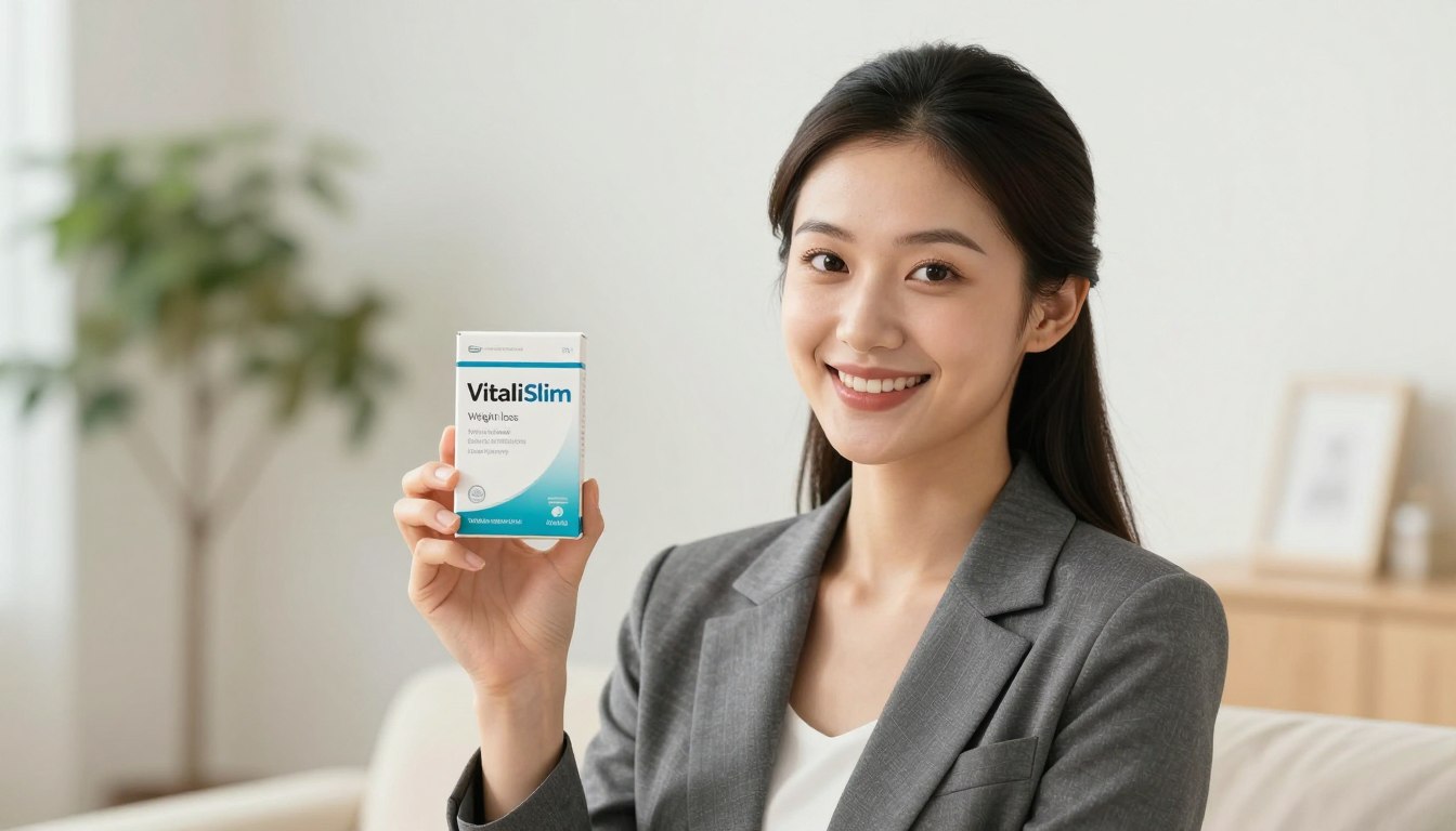A high-quality image of a slim young woman in professional business attire, confidently holding the VitaliSlim product with a bright and inviting background. The woman has a joyful expression, radiating positivity and health. In the foreground, she is prominently displaying the VitaliSlim packaging, clearly visible and focused. The middle section features soft, natural lighting that enhances her features and creates a warm atmosphere. In the background, there are subtle hints of a clean and modern setting, such as soft greenery or light-colored furniture, contributing to an uplifting mood. Capture this from a slight angle to add depth, ensuring the brand name "Weight loss" is suggested through the product's design, without any text overlays or distractions.