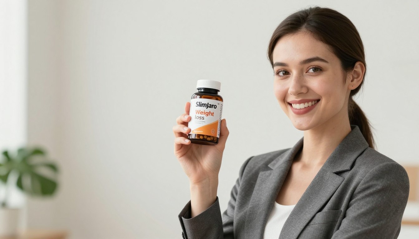 A high-quality photo of a slim young woman in professional business attire, standing confidently and holding the SlimJaro bottle prominently in her hands, with an appealing and bright background that suggests health and wellness. The woman has a radiant smile, showcasing her energy and vitality, while the product label clearly states "Weight loss" for emphasis. The lighting is soft and natural, creating a warm and inviting atmosphere that resonates with positivity. The camera angle is slightly tilted to focus on both the woman and the product, enhancing the visual appeal. The overall mood is optimistic and motivational, perfectly illustrating the key ingredients and their roles in SlimJaro as a revolutionary natural slimming supplement.