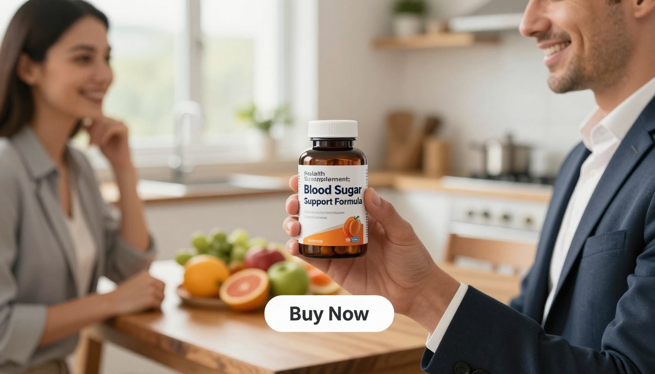 A high-quality product showcase featuring a man and a woman, both smiling and dressed in professional business attire, holding a bottle of "Health Supplements: Blood Sugar Support Formula" prominently in the foreground. The background is softly blurred, displaying an inviting kitchen setting filled with natural light streaming in through a window, suggesting a healthy lifestyle. A tasteful wooden table is visible in the middle ground, adorned with fresh fruits and vegetables that symbolize nutrition. A "Buy Now" button appears subtly below the product, enhancing the scene's professional tone. The mood is uplifting and optimistic, evoking trust in health and wellness. The camera angle is slightly elevated, providing a clear view of the product while maintaining a warm and engaging atmosphere.