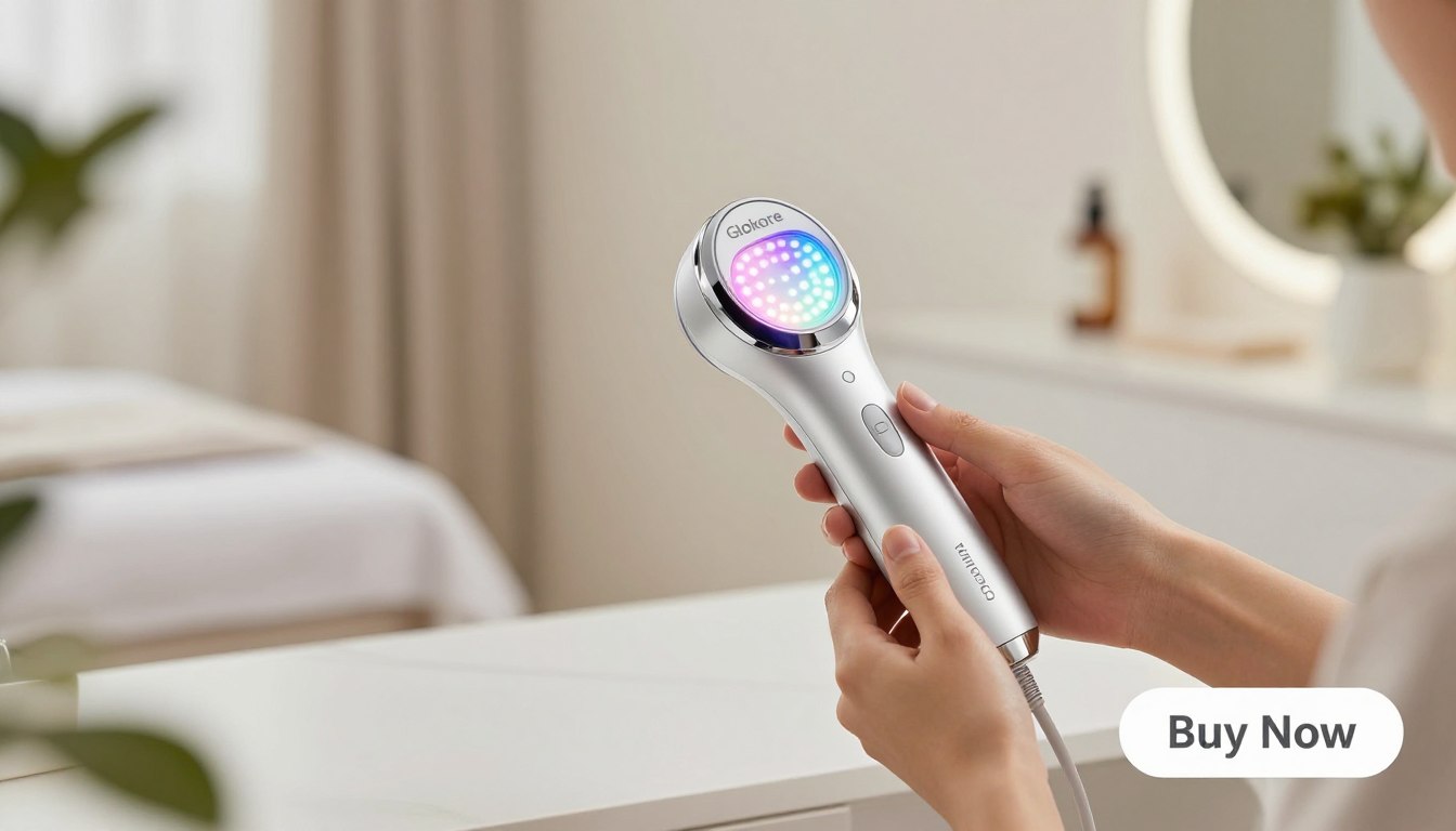 A high-quality, realistic photo of the Glokore LED Skin Sculptor device prominently displayed in the foreground on a sleek, modern vanity. The device has a polished, futuristic design with multiple LED lights glowing softly in different colors. A pair of elegant, professional hands are gently holding the device, demonstrating its use. In the middle ground, a clean, well-lit skincare studio is visible, adorned with minimalistic decor featuring plants and soft fabrics, adding a calming atmosphere. The background features soft-focus, diffused lighting that enhances the serene mood. Use a shallow depth of field to emphasize the Glokore LED Skin Sculptor, conveying its importance as a skincare innovation. Subtly incorporate a "Buy Now" button in the lower corner without distracting from the main image.