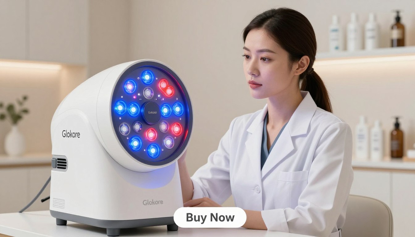 A high-quality, realistic photo of the Glokore LED Skin Sculptor technology in action. In the foreground, showcase the device prominently, displaying its sleek design and multiple LED lights glowing softly in blue and red tones, indicating different treatment modes. In the middle, include a professional woman in a white lab coat, observing the device, her expression focused and engaged, exuding confidence and expertise. The background should include a well-lit, modern skincare clinic ambiance with neutral-toned walls, minimalist decor, and skincare products on a shelf, enhancing the professional atmosphere. Use soft, clean lighting to create a welcoming and calming mood, emphasizing the innovative aspect of the technology. A subtle "Buy Now" button is positioned discreetly at the bottom of the image.