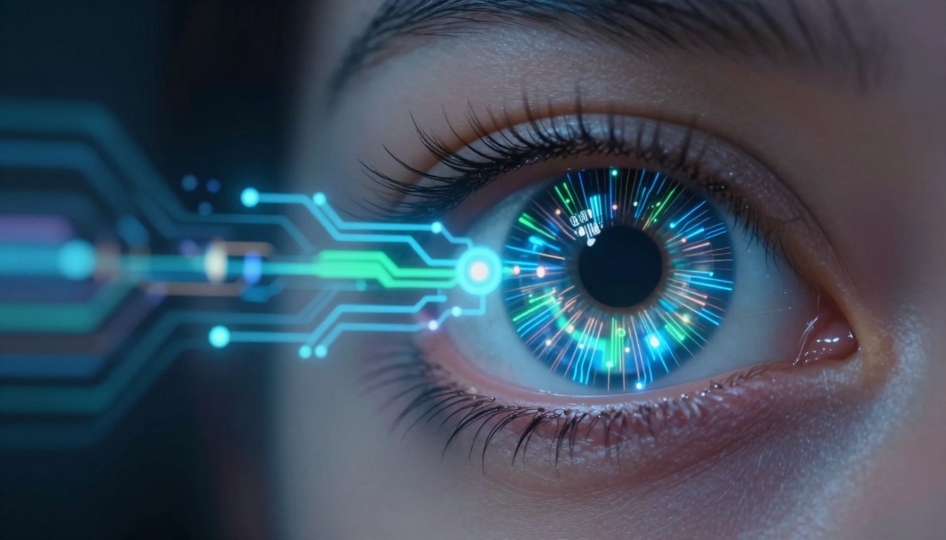 A highly detailed, futuristic digital eye, intricate and mesmerizing, positioned prominently in the foreground. The eye is composed of an array of vibrant, glowing circuits and data streams, pulsating with various shades of blue, green, and silver, symbolizing advanced technology and clarity. In the middle ground, softly blurred, incorporate ethereal lights and abstract shapes that suggest the concept of perception and insight. The background features a dark gradient, creating contrast that allows the digital eye to stand out sharply, evoking a sense of depth and intrigue. A subtle, soft glow emanates from the eye, casting dramatic shadows and enhancing its intricate details. The overall mood is one of awe and fascination, inviting viewers to explore the importance of clarity in eye health and content creation.