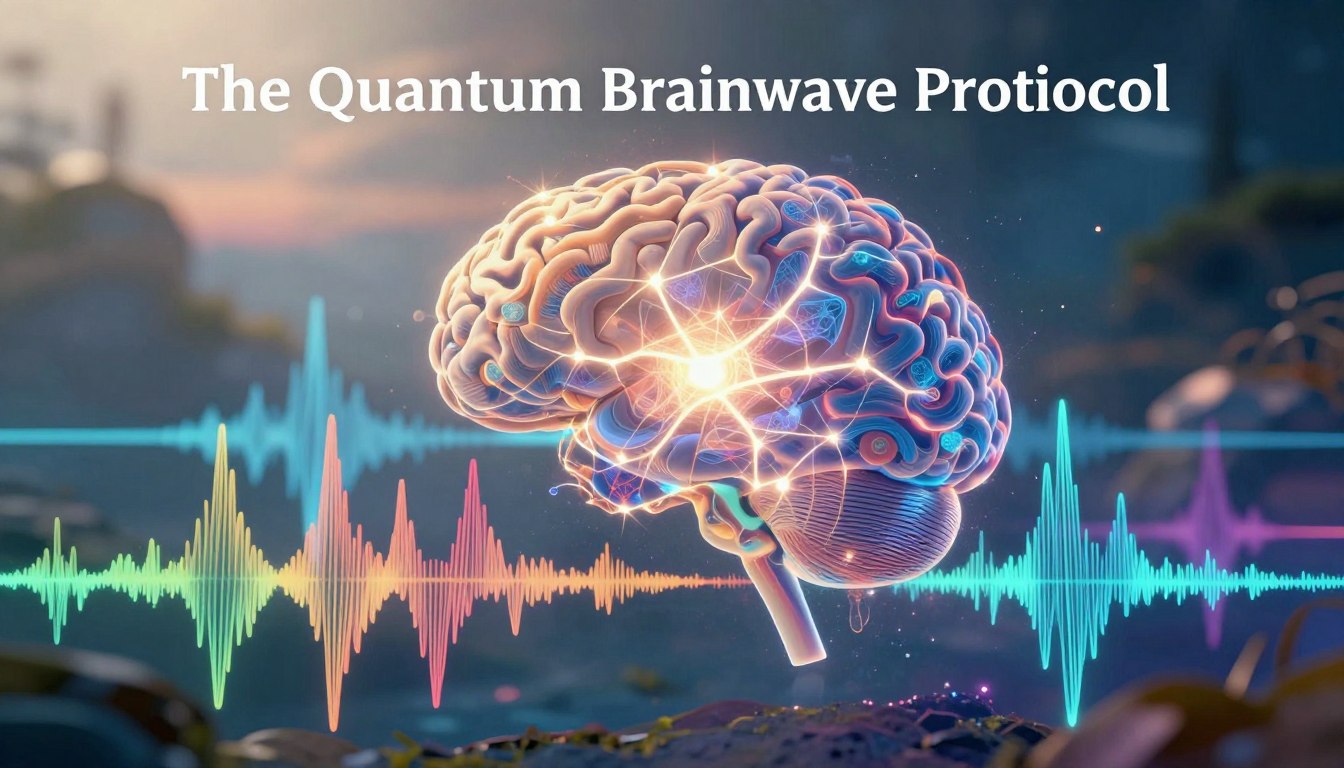 A mesmerizing visualization of brainwave patterns and audio frequencies intertwined, showcasing the intricate relationship between cognitive processes and sound. In the foreground, vibrant, colorful waveforms pulsate in sync with brainwave lines that resemble fractal geometries. The middle layer features a glowing neural network radiating energy, symbolizing the expansive potential of the mind. In the background, a softly blurred ethereal landscape represents a serene, meditative state, illuminated by soft, ambient lighting. The atmosphere is tranquil yet charged with dynamic energy, invoking a sense of exploration and cognitive mastery. Capture the essence of "The Quantum Brainwave Protocol" with a thoughtful, artistic approach using a wide-angle lens to enhance depth, focusing the light to highlight the vivid colors and textures.