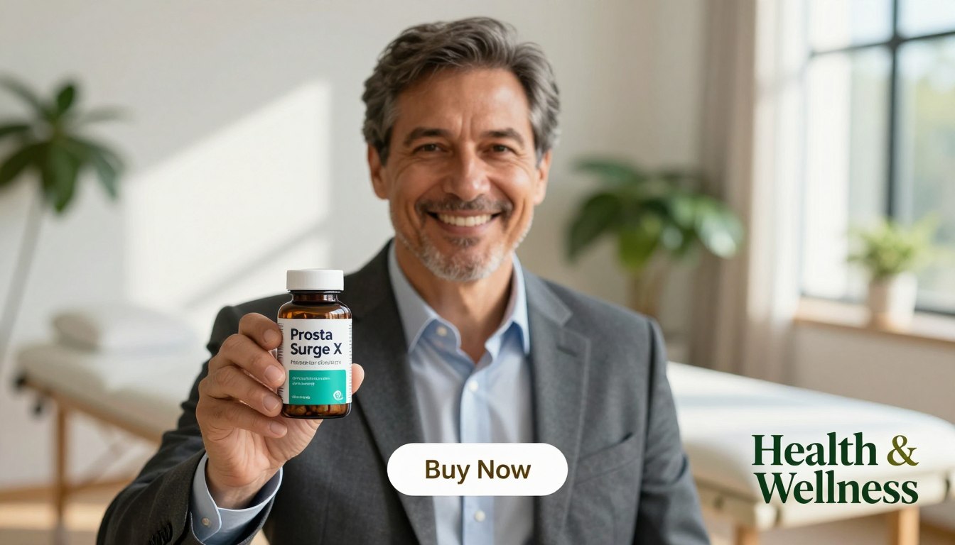 A middle-aged man in professional business attire, smiling confidently while holding a bottle of "Prosta Surge X," the herbal formula for prostate comfort and strength. The foreground features him in sharp focus against a softly blurred background of a serene, sunlit wellness space with greenery. The mood conveys vitality and health, highlighting the importance of prostate health among modern men. Natural lighting pours in through a window, casting gentle shadows, while a "Buy Now" button subtly appears below the product image. The brand name "Health & Wellness" is featured prominently in an elegant font in the bottom corner. The overall atmosphere is uplifting and encouraging, appealing to men seeking proactive solutions for healthy aging and urinary support.