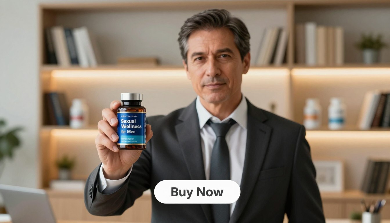 A middle-aged man in professional business attire, standing confidently in a well-lit, modern office setting. He is holding a sleek, stylish bottle of testosterone support supplement labeled "Sexual Wellness for Men," showcasing the product prominently. In the background, soft-focus shelves filled with health and wellness books create a supportive ambiance. The lighting is warm and inviting, casting a gentle glow on the man's face, highlighting his determined expression, signifying vitality and strength. Below him, a subtle digital "Buy Now" button is integrated into the scene, reinforcing the product's appeal. The atmosphere conveys a sense of empowerment and proactive health choices for men over 40, reflecting the importance of testosterone support.
