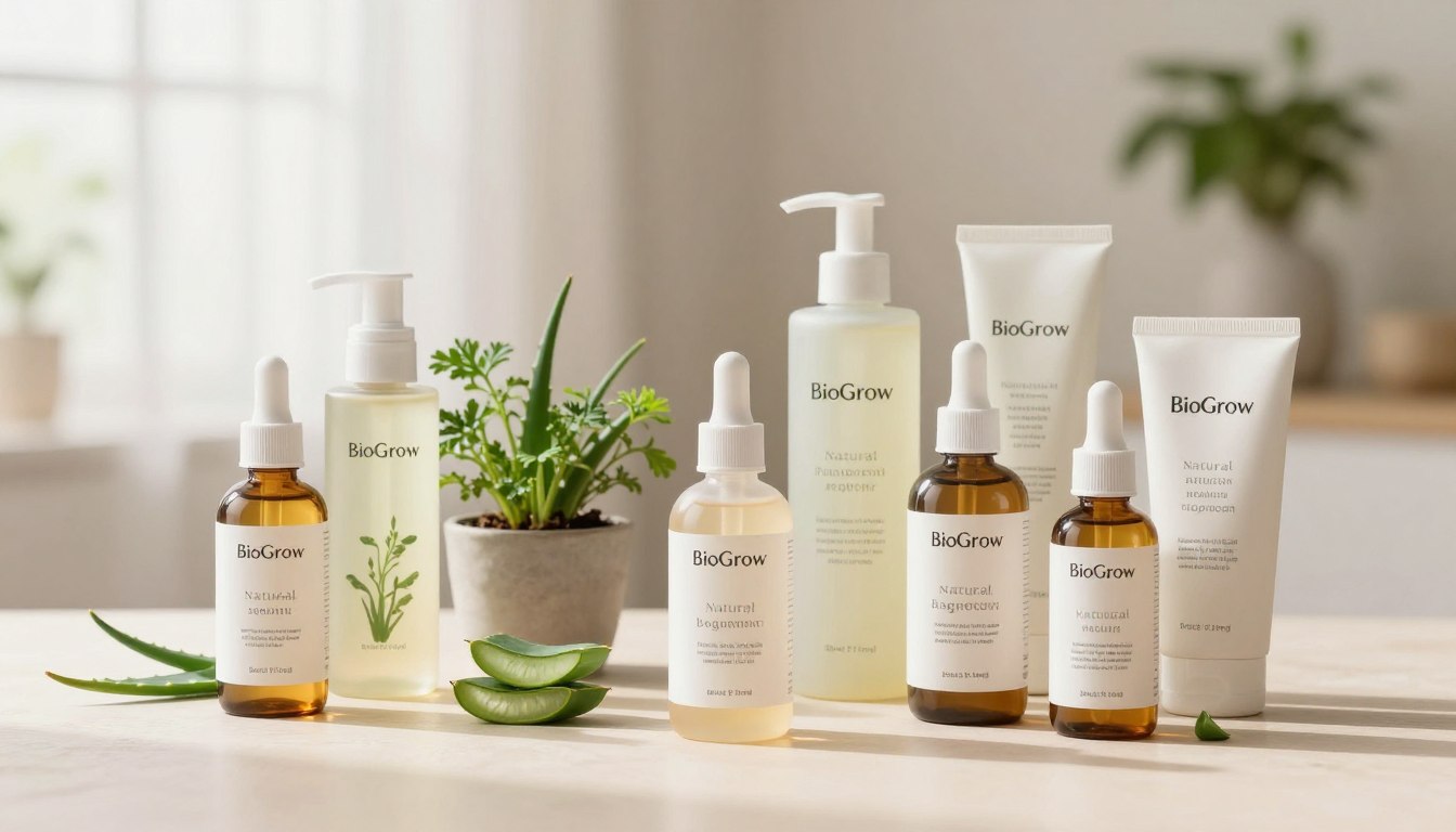A minimalistic yet impactful display of natural hair regrowth products, emphasizing BioGrow's unique offerings. In the foreground, showcase a beautifully arranged set of BioGrow bottles, elegantly designed with soft, eco-friendly packaging, highlighting their natural ingredients such as aloe vera and biotin. In the middle ground, introduce a small pot of organic herbs, symbolizing the essence of nature in hair care. The background features a bright, airy room with warm, soft lighting that creates a welcoming atmosphere, complemented by a subtle green plant to evoke freshness and vitality. The overall mood is serene and uplifting, ideal for promoting a sense of natural wellness and confidence in hair regrowth solutions. Camera angle: slightly above eye level, with a shallow depth of field to focus on the products. A minimalistic yet impactful display of natural hair regrowth products, emphasizing BioGrow's unique offerings. In the foreground, showcase a beautifully arranged set of BioGrow bottles, elegantly designed with soft, eco-friendly packaging, highlighting their natural ingredients such as aloe vera and biotin. In the middle ground, introduce a small pot of organic herbs, symbolizing the essence of nature in hair care. The background features a bright, airy room with warm, soft lighting that creates a welcoming atmosphere, complemented by a subtle green plant to evoke freshness and vitality. The overall mood is serene and uplifting, ideal for promoting a sense of natural wellness and confidence in hair regrowth solutions. Camera angle: slightly above eye level, with a shallow depth of field to focus on the products.